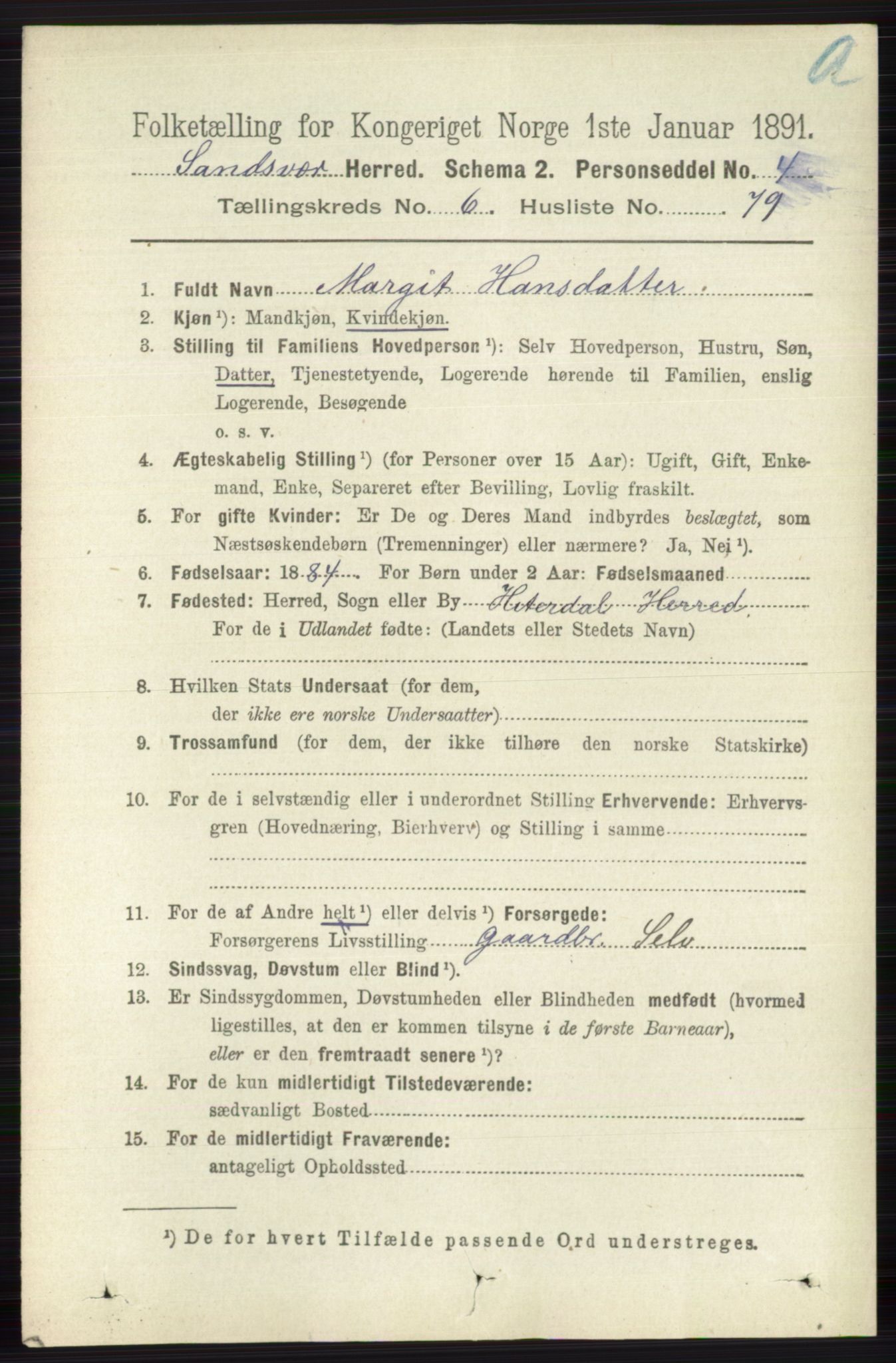 RA, 1891 census for 0629 Sandsvær, 1891, p. 3905
