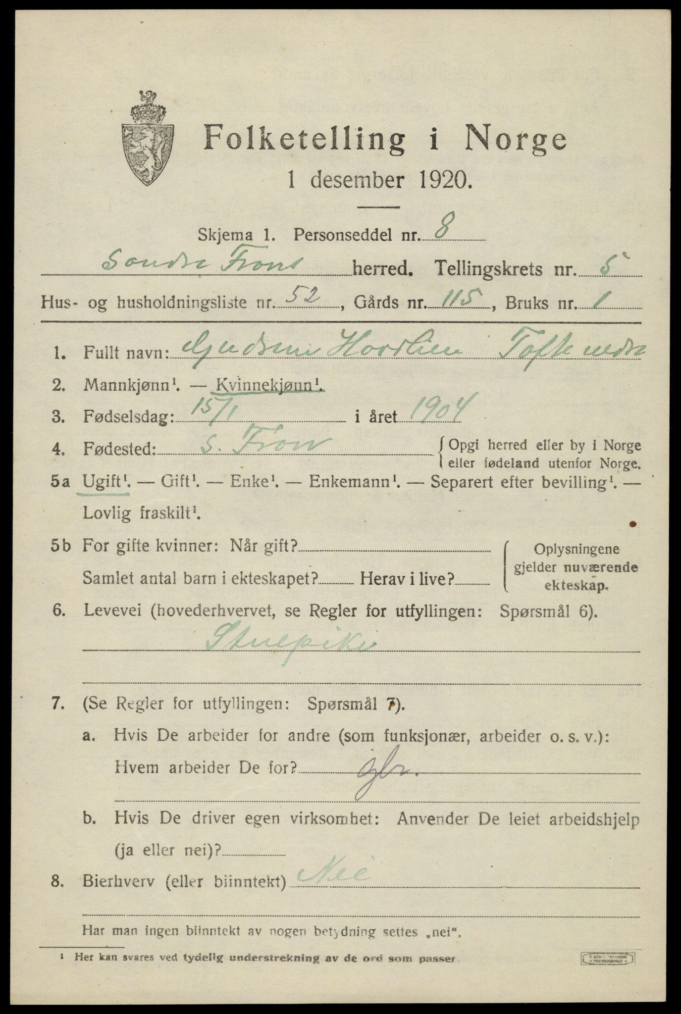 SAH, 1920 census for Sør-Fron, 1920, p. 5999