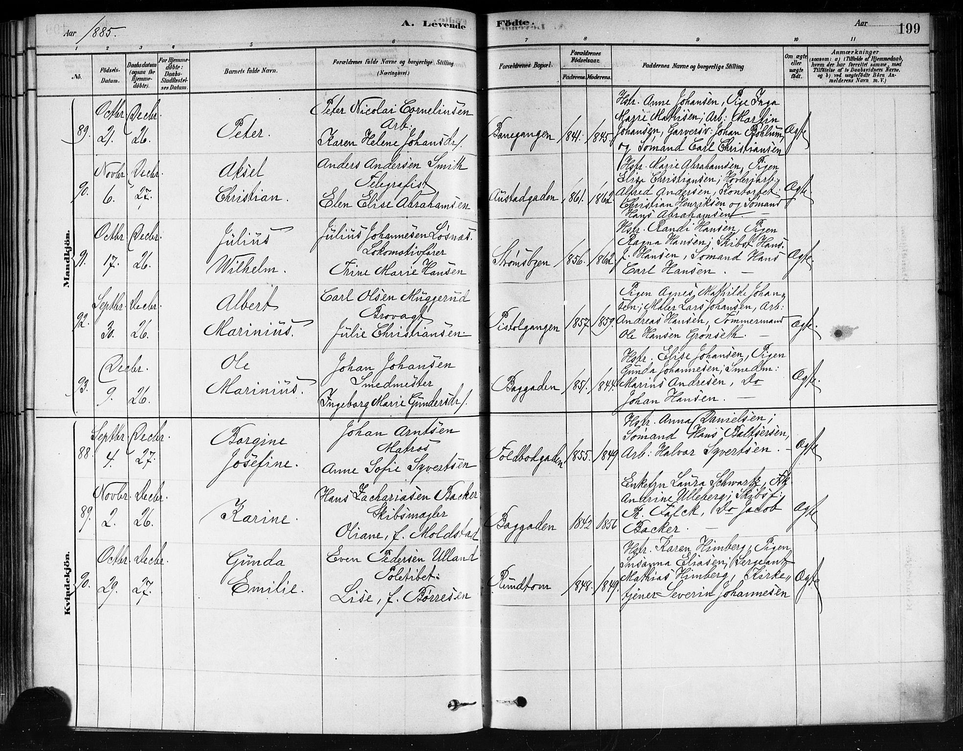 Strømsø kirkebøker, SAKO/A-246/F/Fa/L0021: Parish register (official) no. I 21, 1878-1885, p. 199