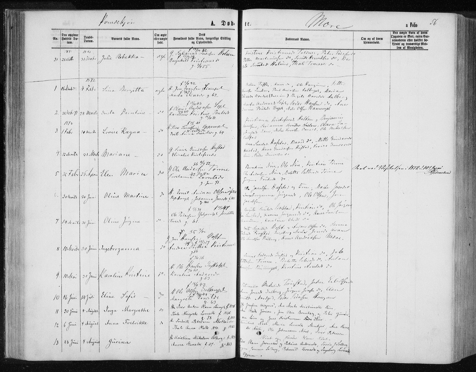 Ministerialprotokoller, klokkerbøker og fødselsregistre - Nord-Trøndelag, SAT/A-1458/735/L0345: Parish register (official) no. 735A08 /1, 1863-1872, p. 56