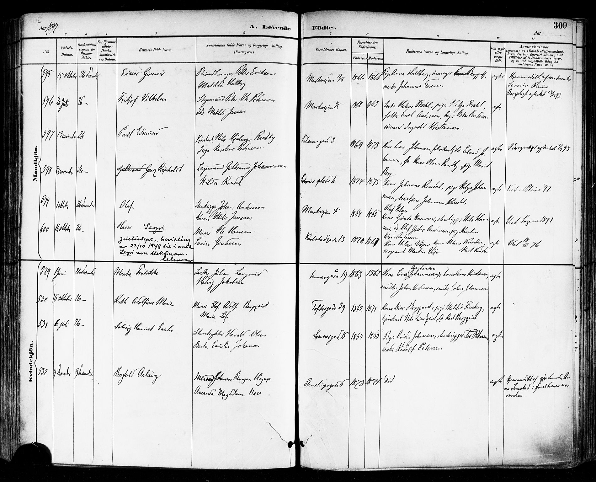 Paulus prestekontor Kirkebøker, AV/SAO-A-10871/F/Fa/L0014: Parish register (official) no. 14, 1894-1902, p. 309