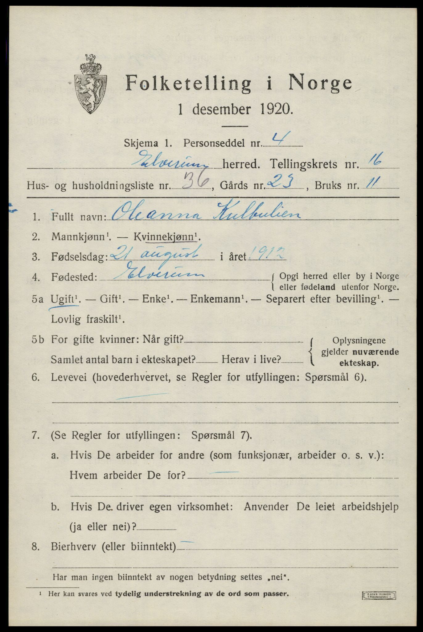 SAH, 1920 census for Elverum, 1920, p. 21194