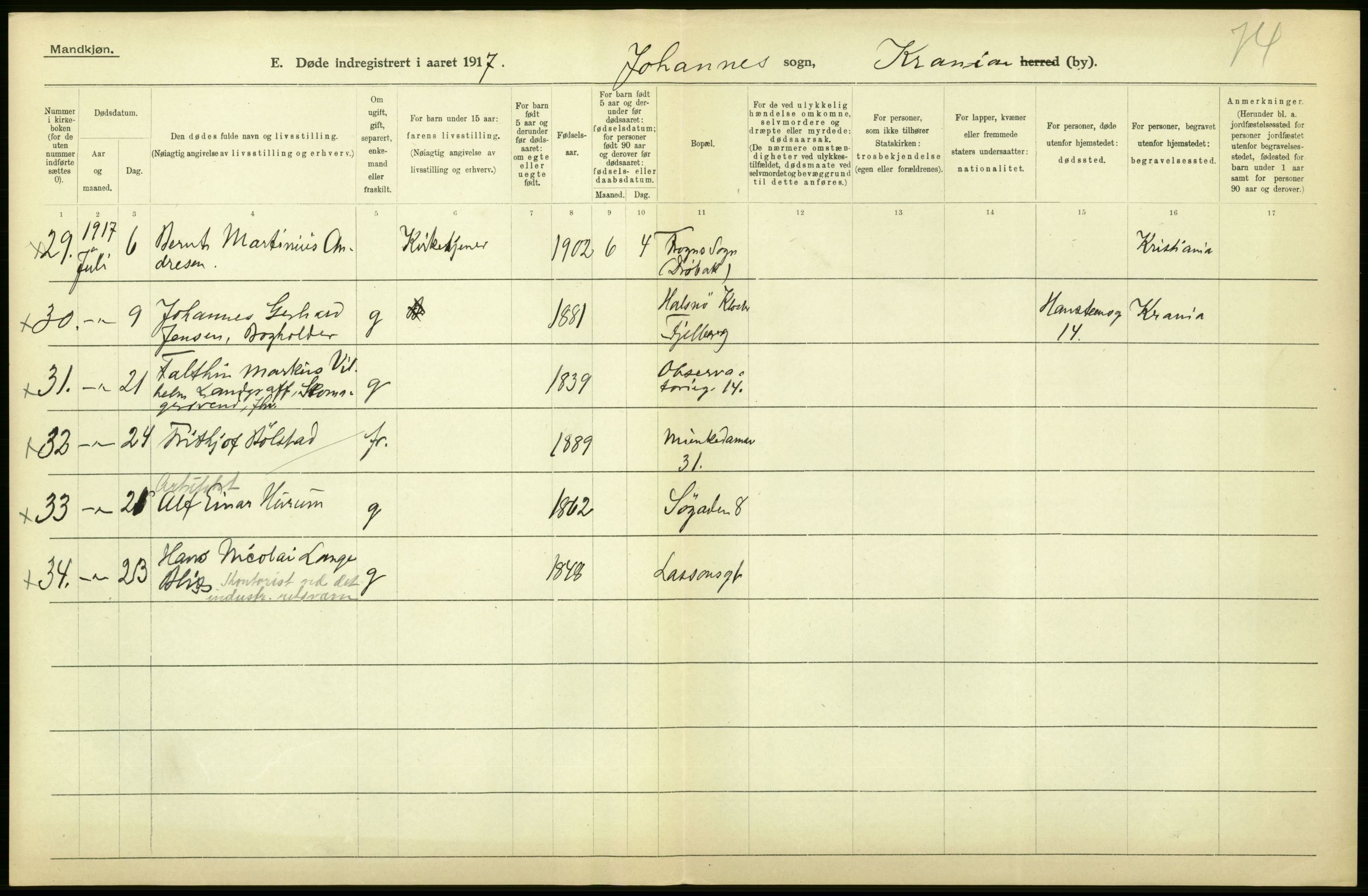 Statistisk sentralbyrå, Sosiodemografiske emner, Befolkning, AV/RA-S-2228/D/Df/Dfb/Dfbg/L0010: Kristiania: Døde, 1917, p. 498