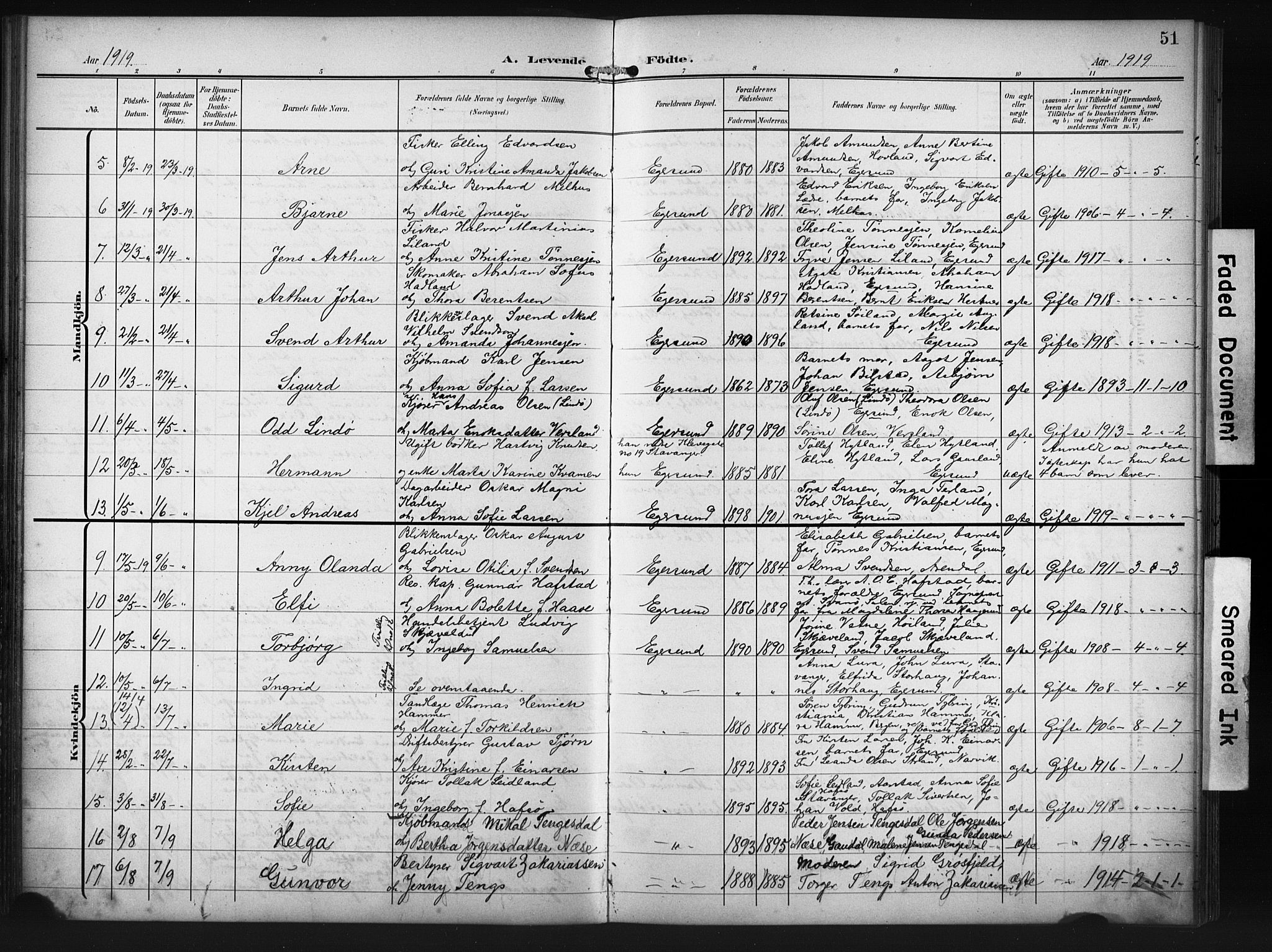 Eigersund sokneprestkontor, SAST/A-101807/S09/L0012: Parish register (copy) no. B 12, 1908-1930, p. 51