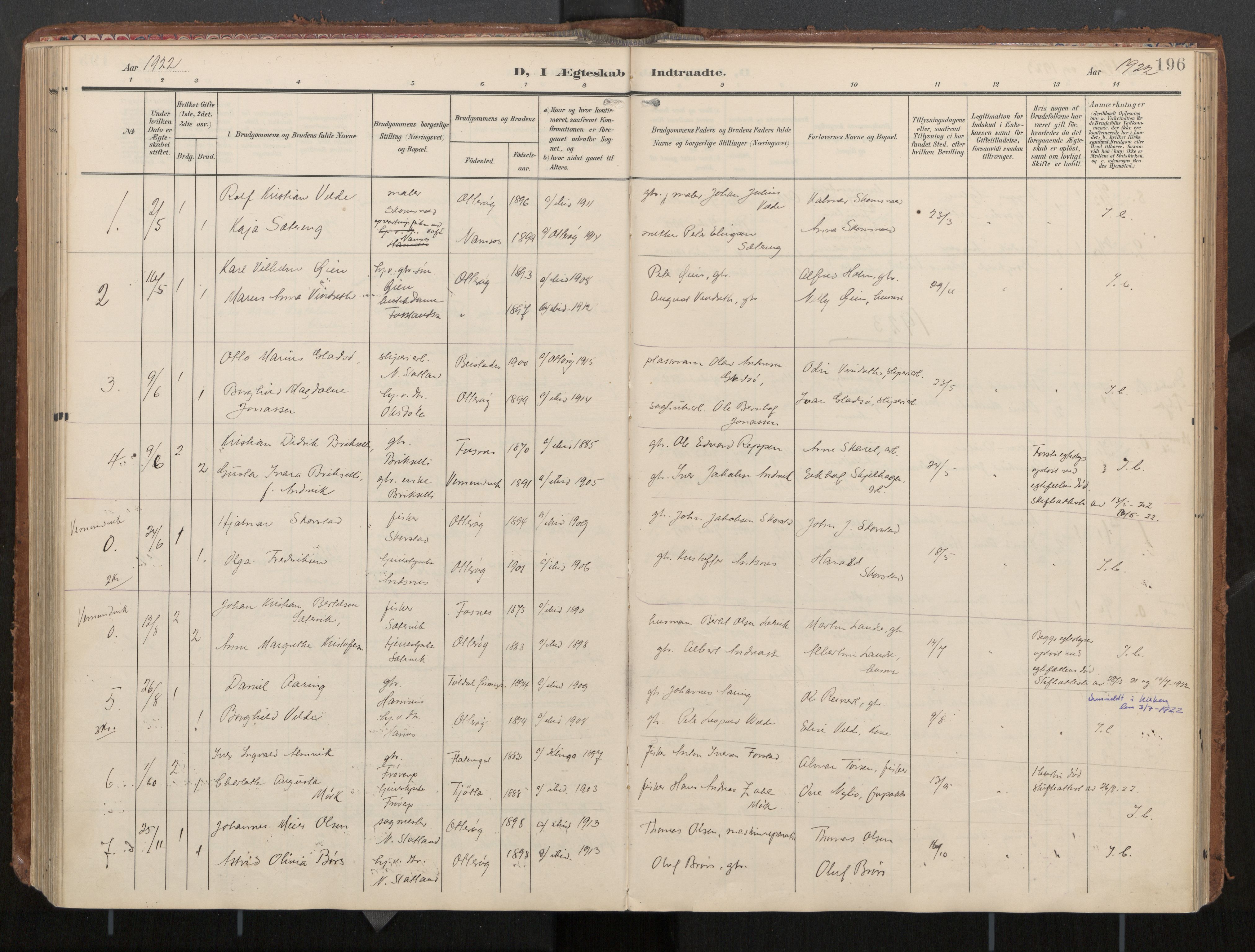 Ministerialprotokoller, klokkerbøker og fødselsregistre - Nord-Trøndelag, AV/SAT-A-1458/774/L0629: Parish register (official), 1904-1926, p. 196