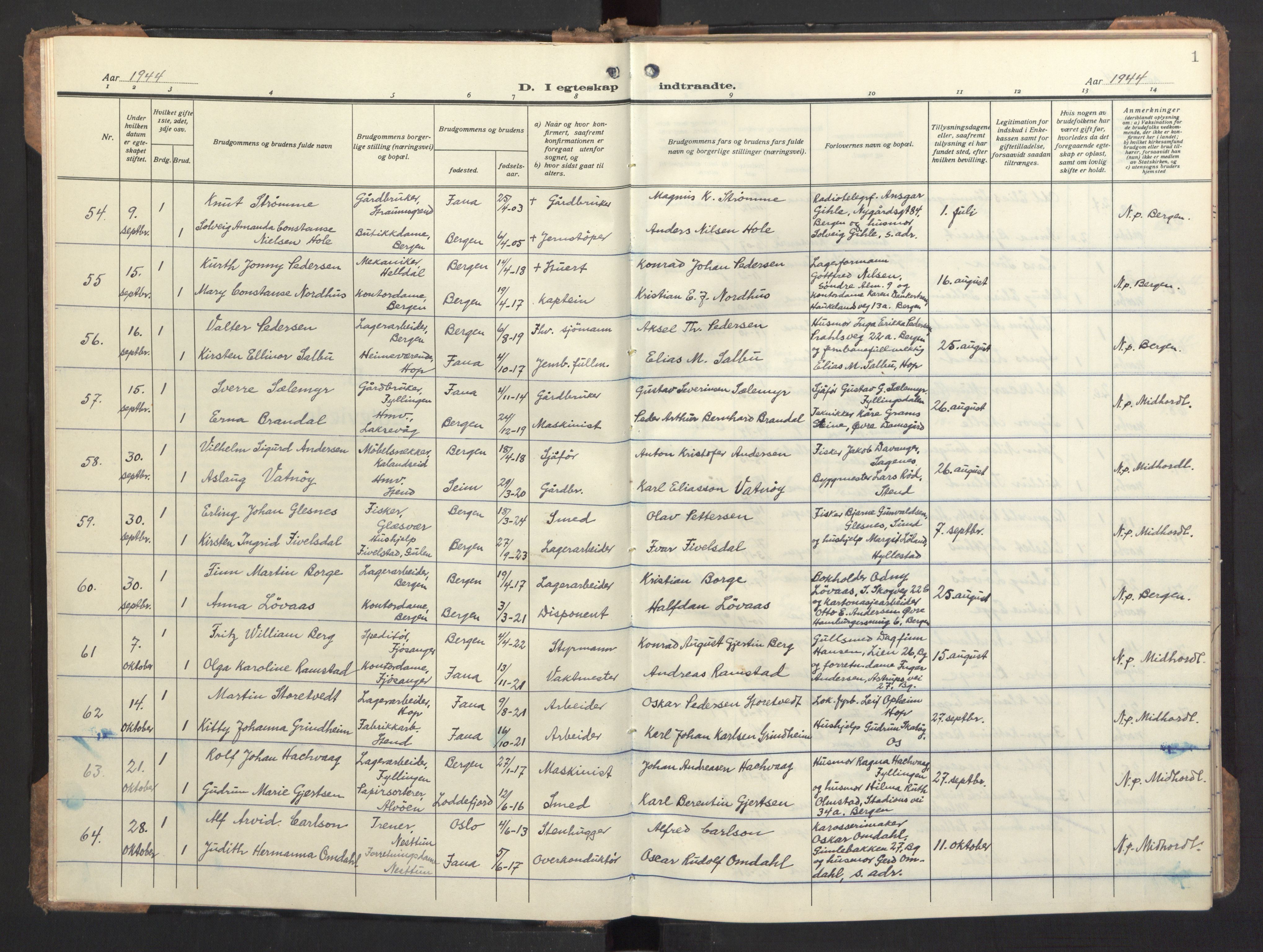 Birkeland Sokneprestembete, SAB/A-74601/H/Haa/Haac/L0001: Parish register (official) no. C 1, 1944-1954, p. 1