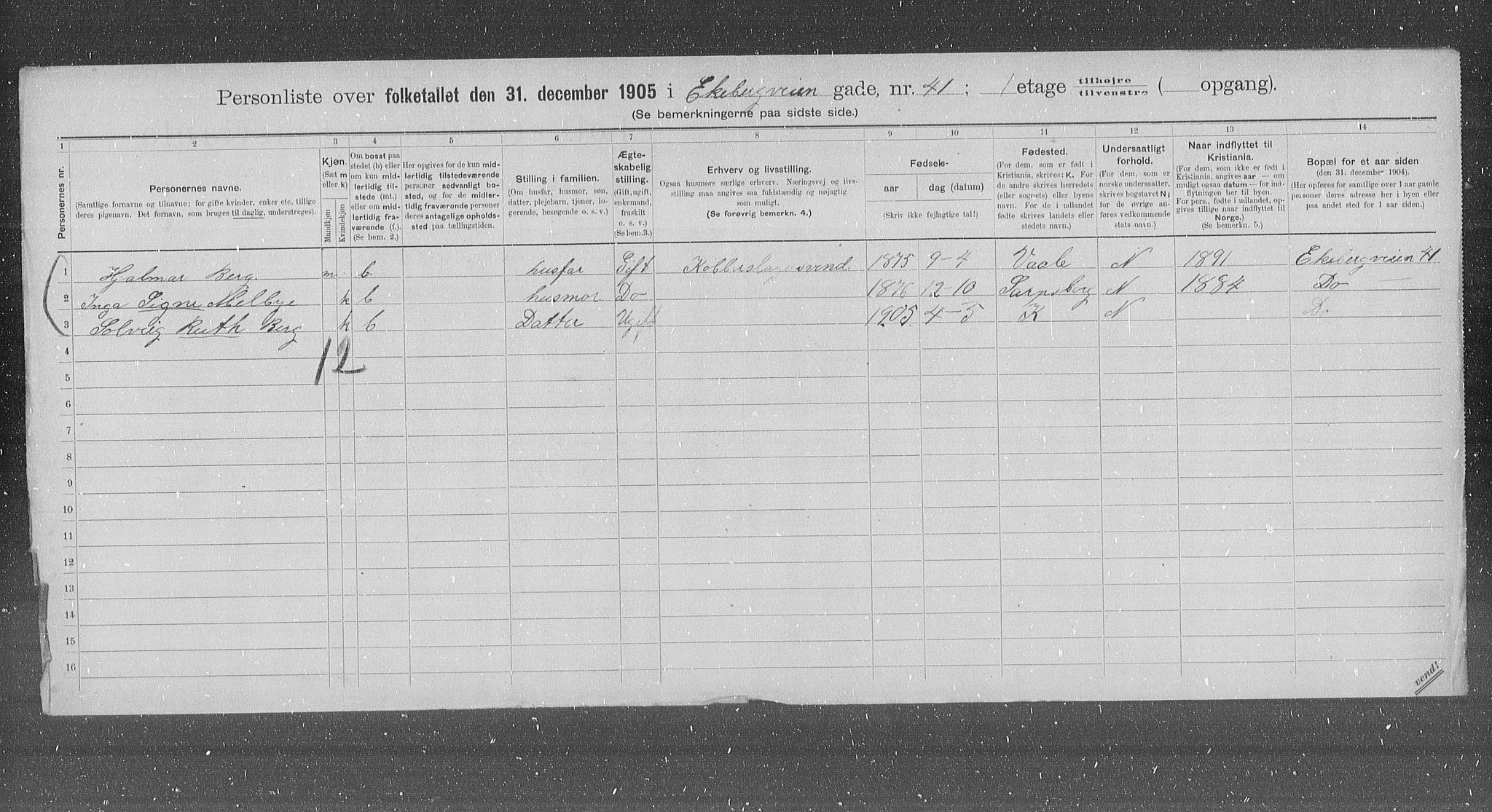 OBA, Municipal Census 1905 for Kristiania, 1905, p. 10276