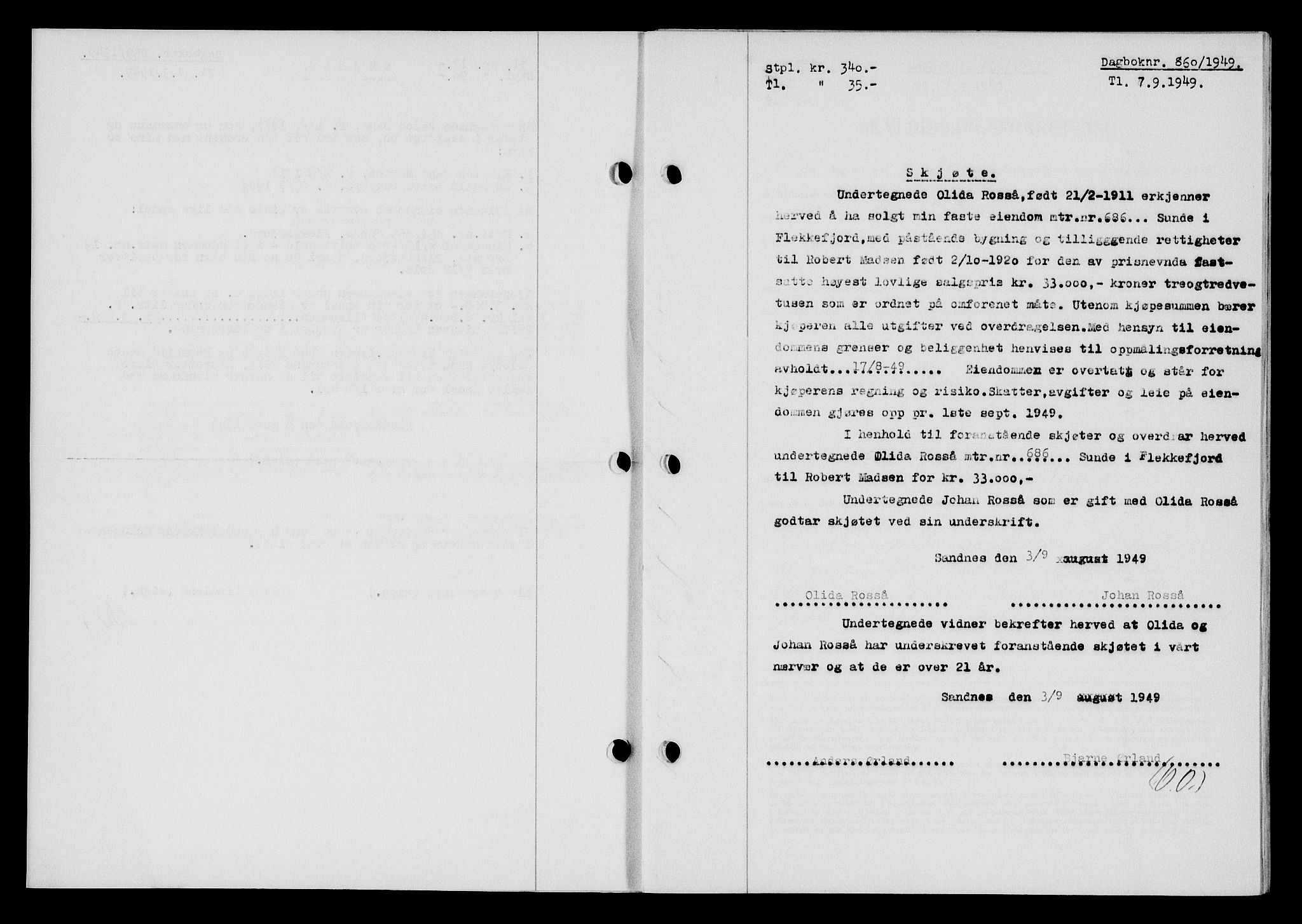 Flekkefjord sorenskriveri, SAK/1221-0001/G/Gb/Gba/L0065: Mortgage book no. A-13, 1949-1949, Diary no: : 860/1949