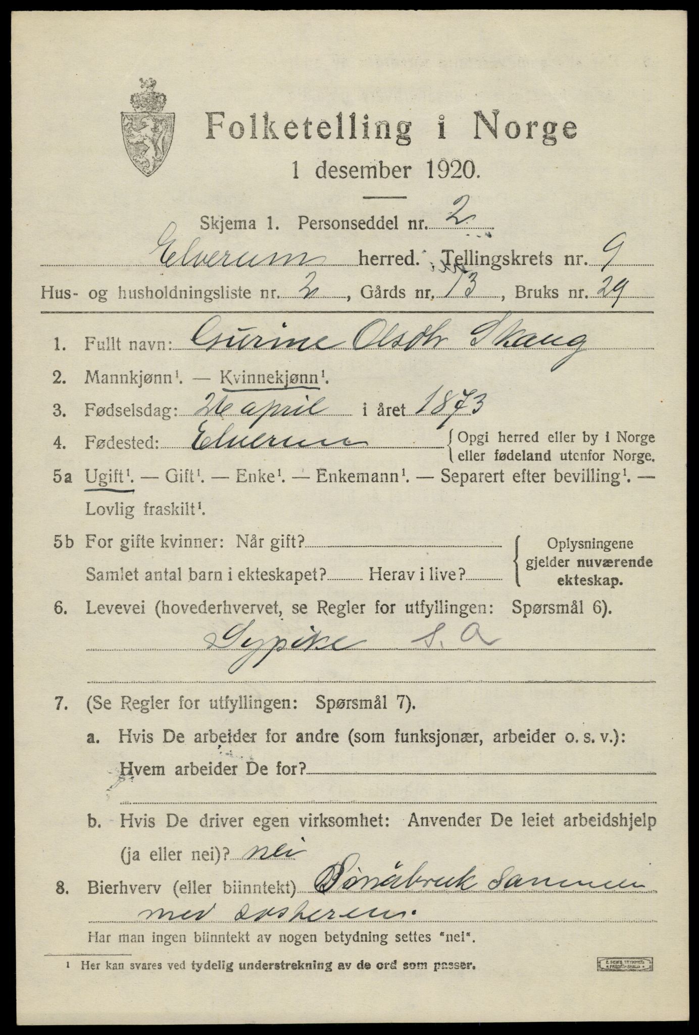 SAH, 1920 census for Elverum, 1920, p. 15570