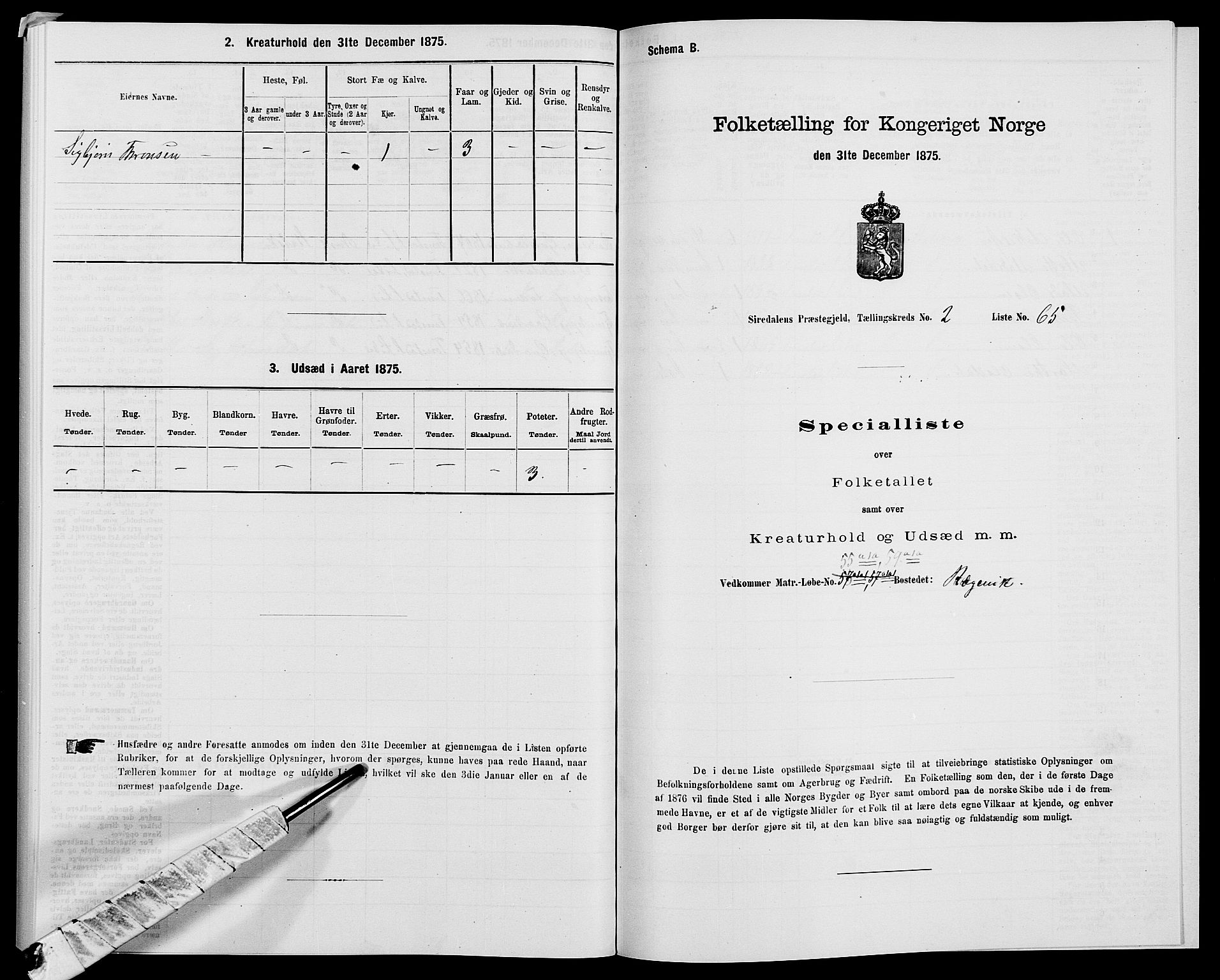 SAK, 1875 census for 1046P Sirdal, 1875, p. 266