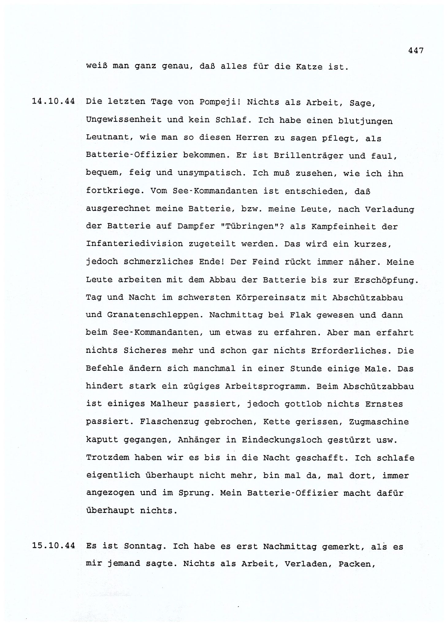 Dagbokopptegnelser av en tysk marineoffiser stasjonert i Norge , FMFB/A-1160/F/L0001: Dagbokopptegnelser av en tysk marineoffiser stasjonert i Norge, 1941-1944, p. 447