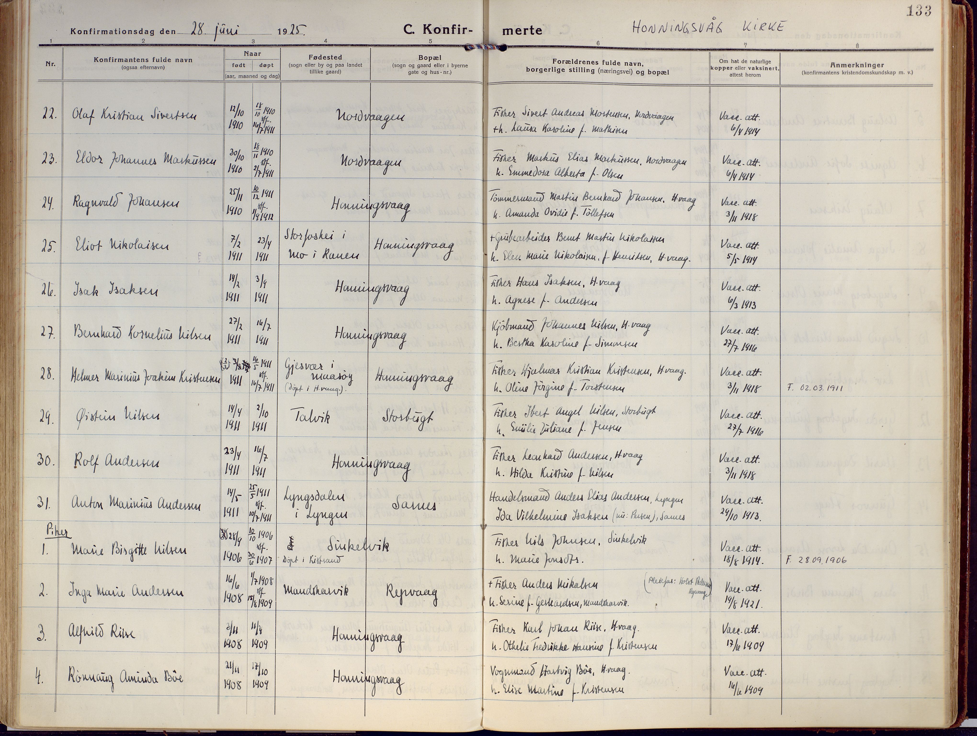 Kjelvik/Nordkapp sokneprestkontor, SATØ/S-1350/H/Ha/L0002kirke: Parish register (official) no. 2, 1920-1929, p. 133