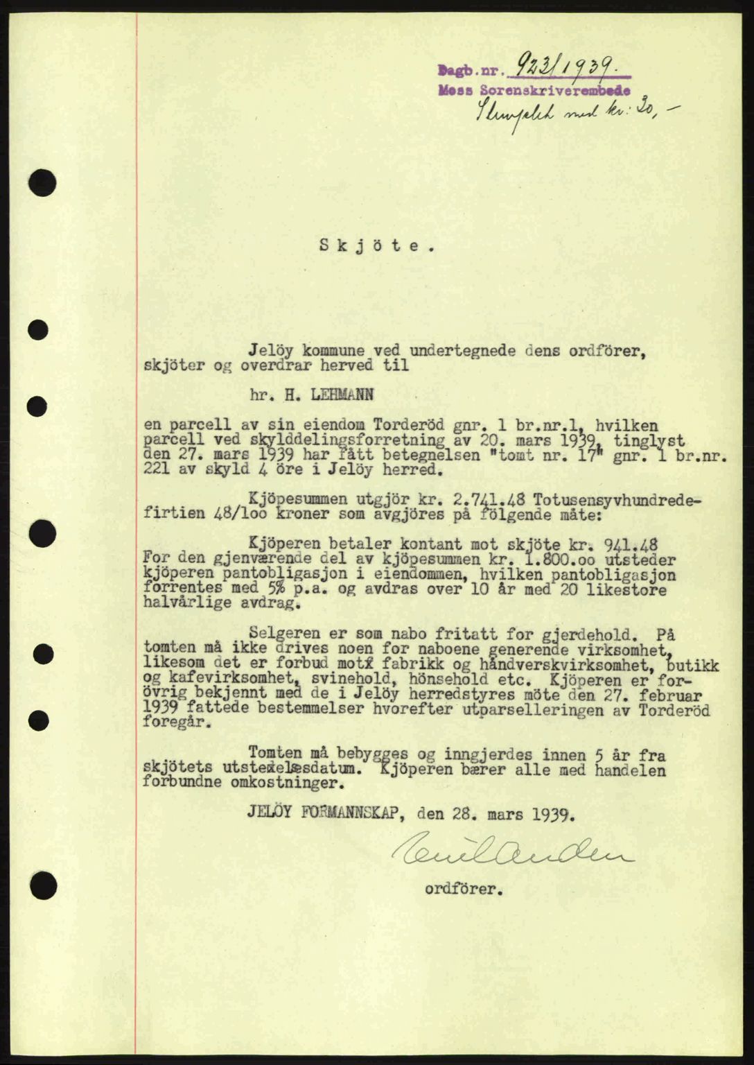 Moss sorenskriveri, SAO/A-10168: Mortgage book no. A5, 1938-1939, Diary no: : 923/1939