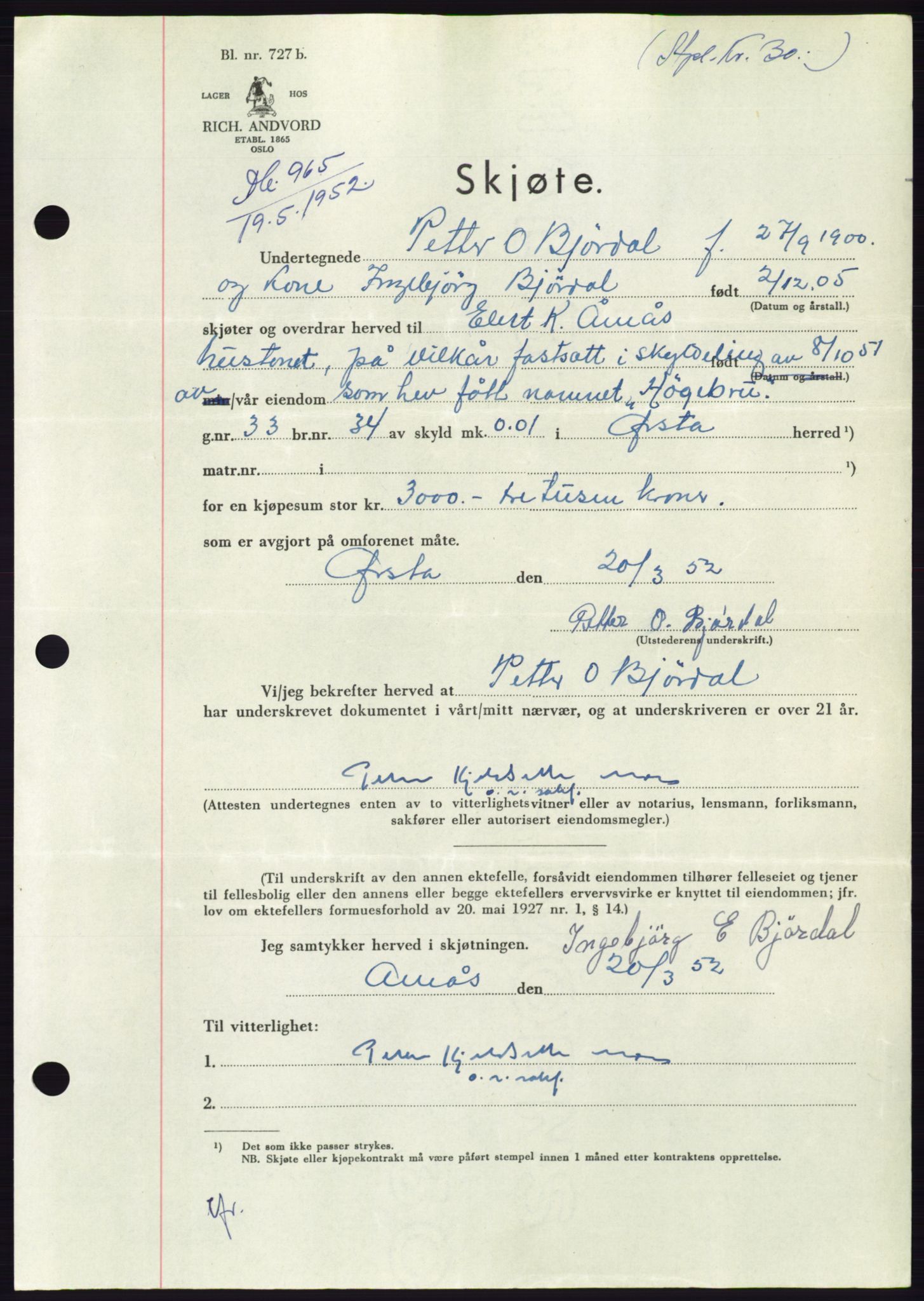 Søre Sunnmøre sorenskriveri, AV/SAT-A-4122/1/2/2C/L0092: Mortgage book no. 18A, 1952-1952, Diary no: : 965/1952