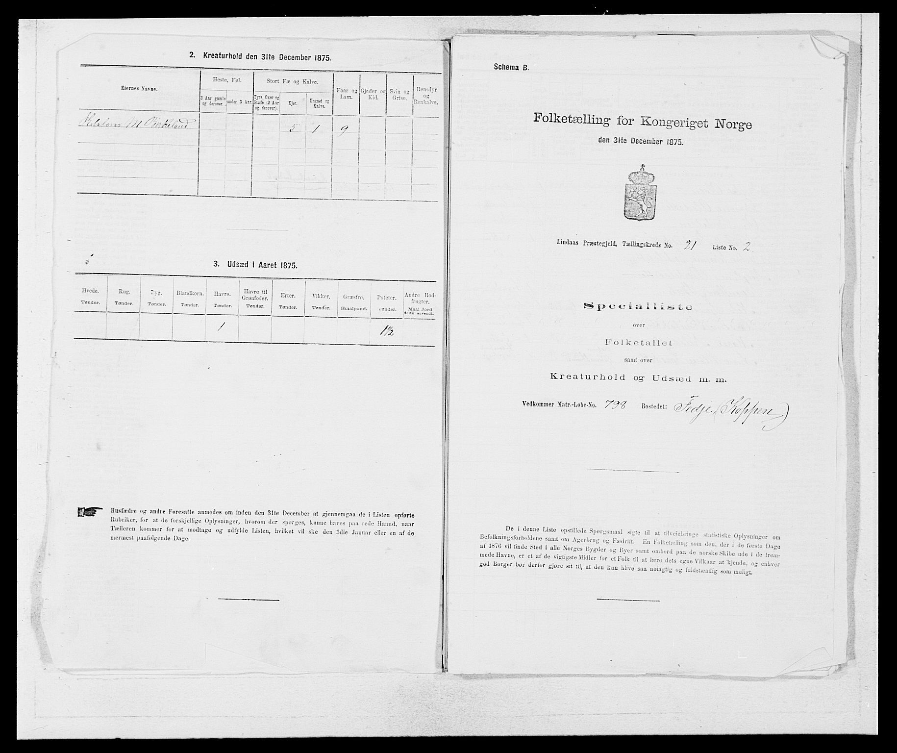 SAB, 1875 census for 1263P Lindås, 1875, p. 2411