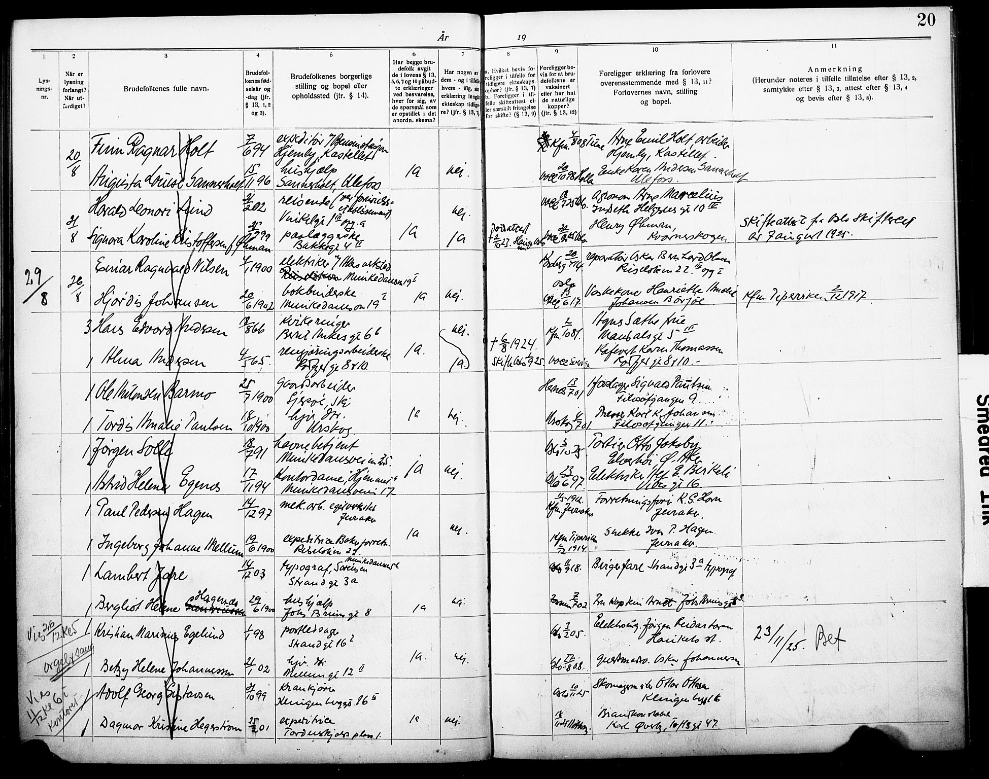 Piperviken prestekontor Kirkebøker, SAO/A-10874/H/L0001: Banns register no. 1, 1919-1930, p. 20