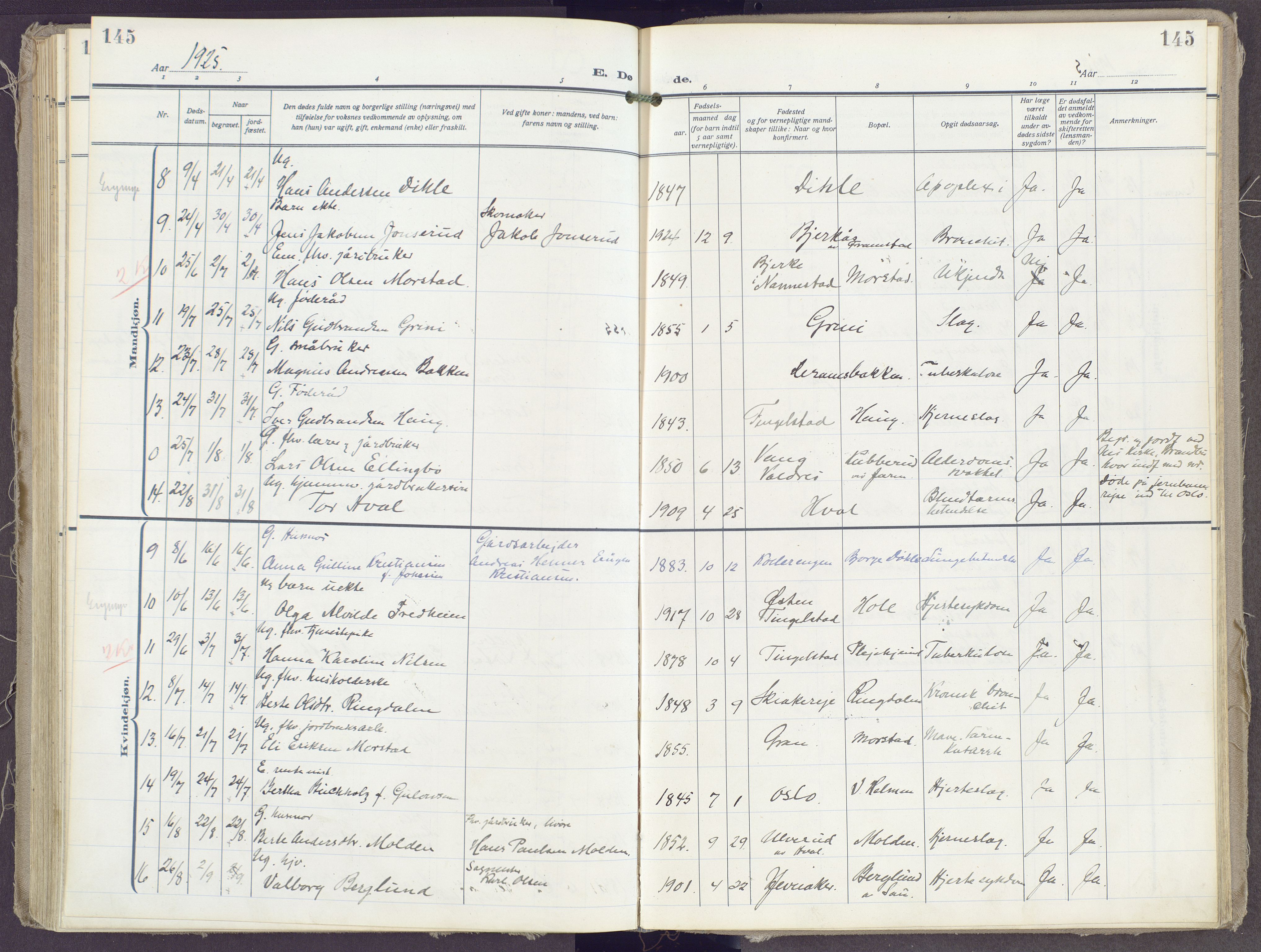 Gran prestekontor, SAH/PREST-112/H/Ha/Haa/L0023: Parish register (official) no. 23, 1919-1938, p. 145