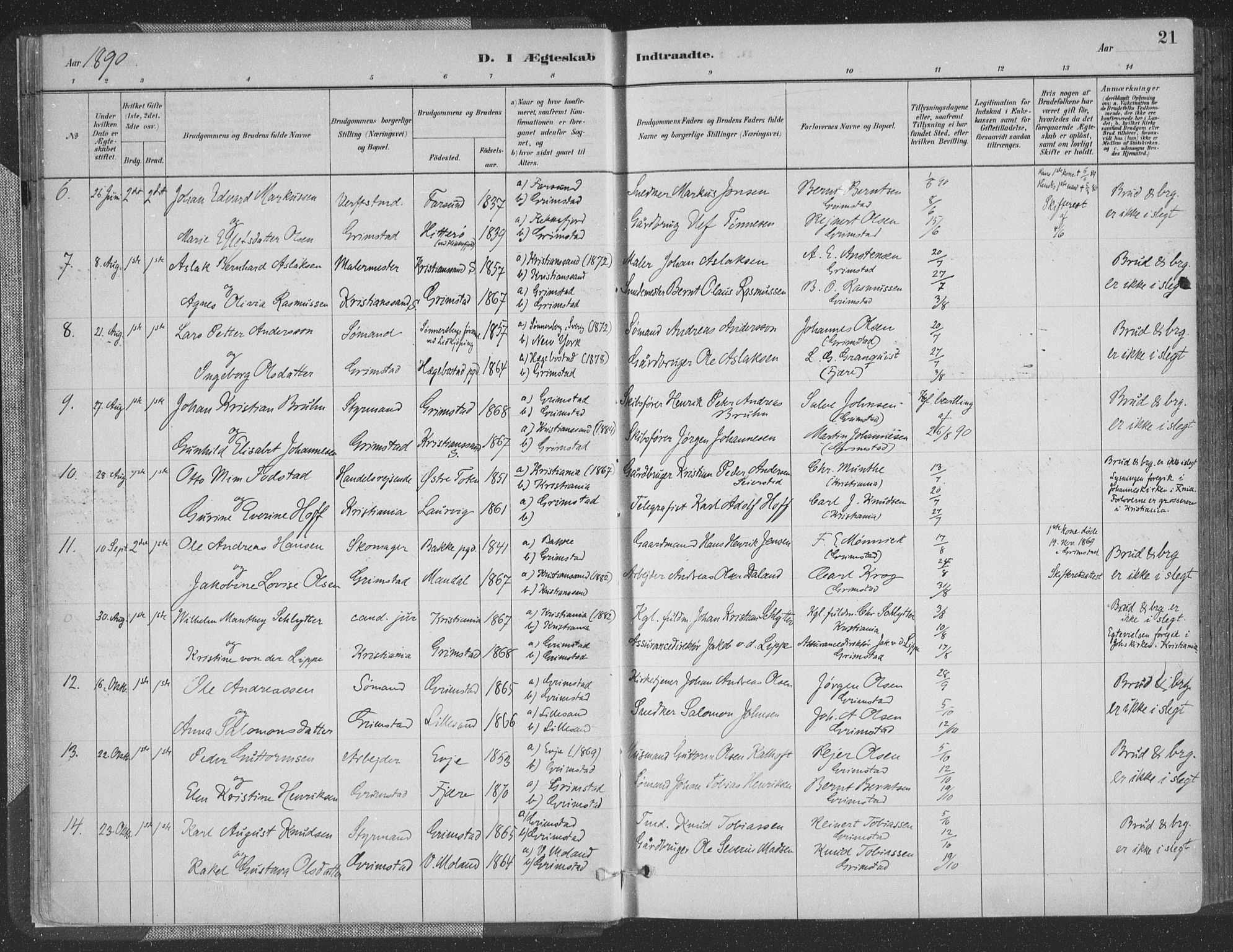 Grimstad sokneprestkontor, AV/SAK-1111-0017/F/Fa/L0004: Parish register (official) no. A 3, 1882-1910, p. 21