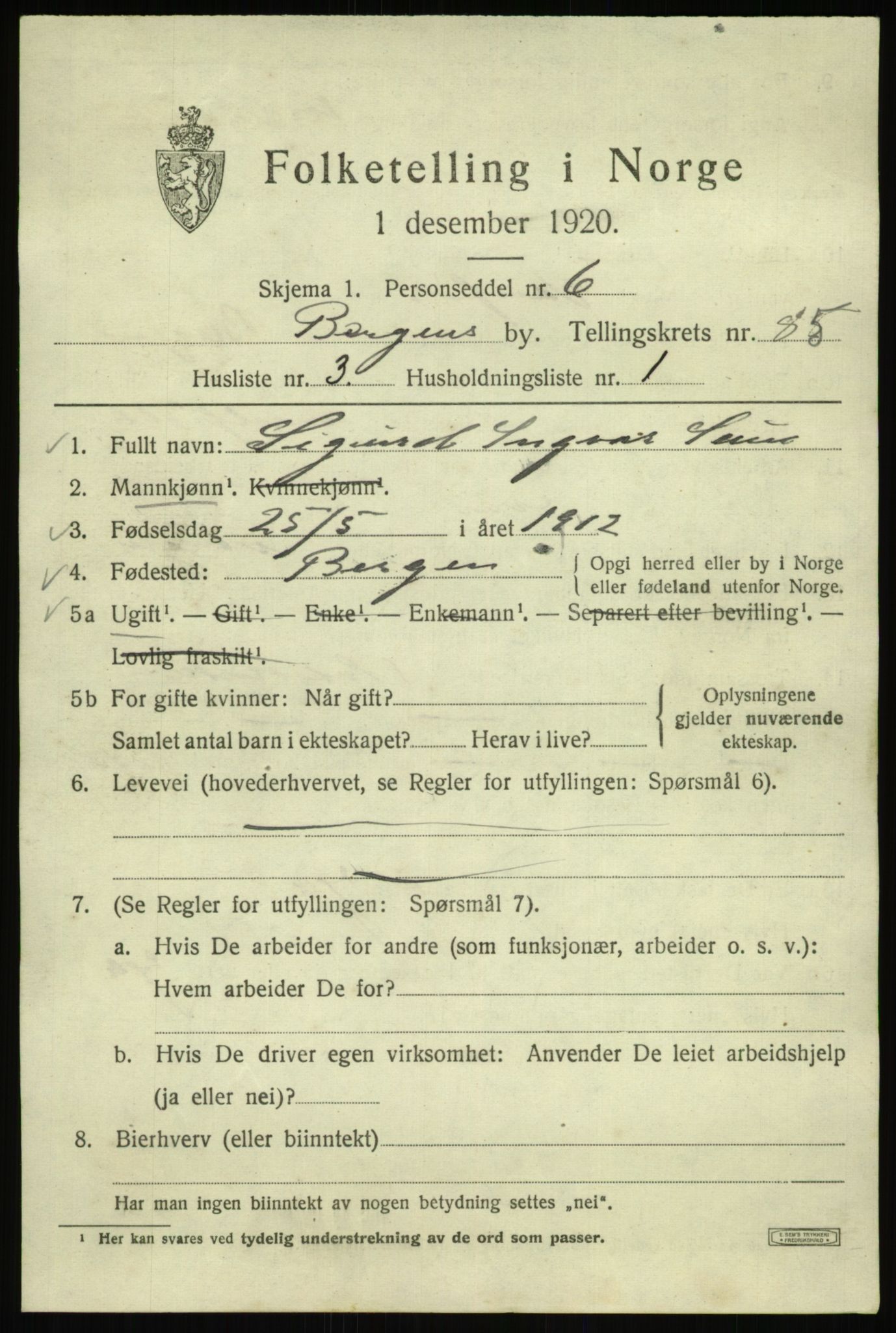 SAB, 1920 census for Bergen, 1920, p. 157083