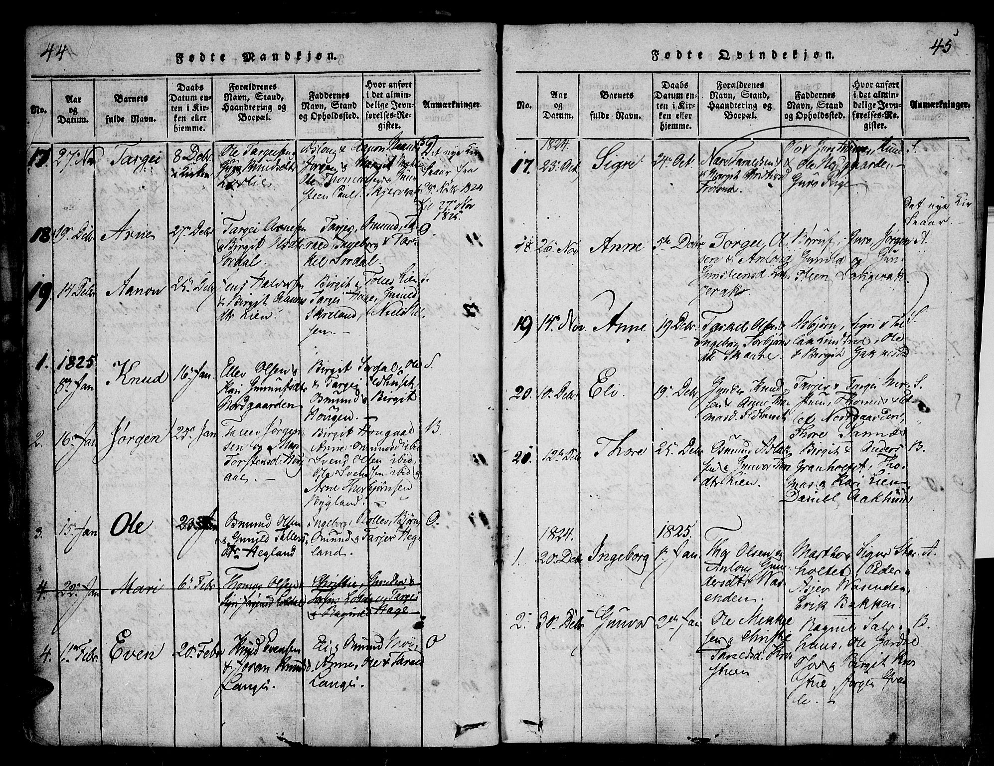 Bygland sokneprestkontor, SAK/1111-0006/F/Fa/Fab/L0003: Parish register (official) no. A 3, 1816-1841, p. 44-45
