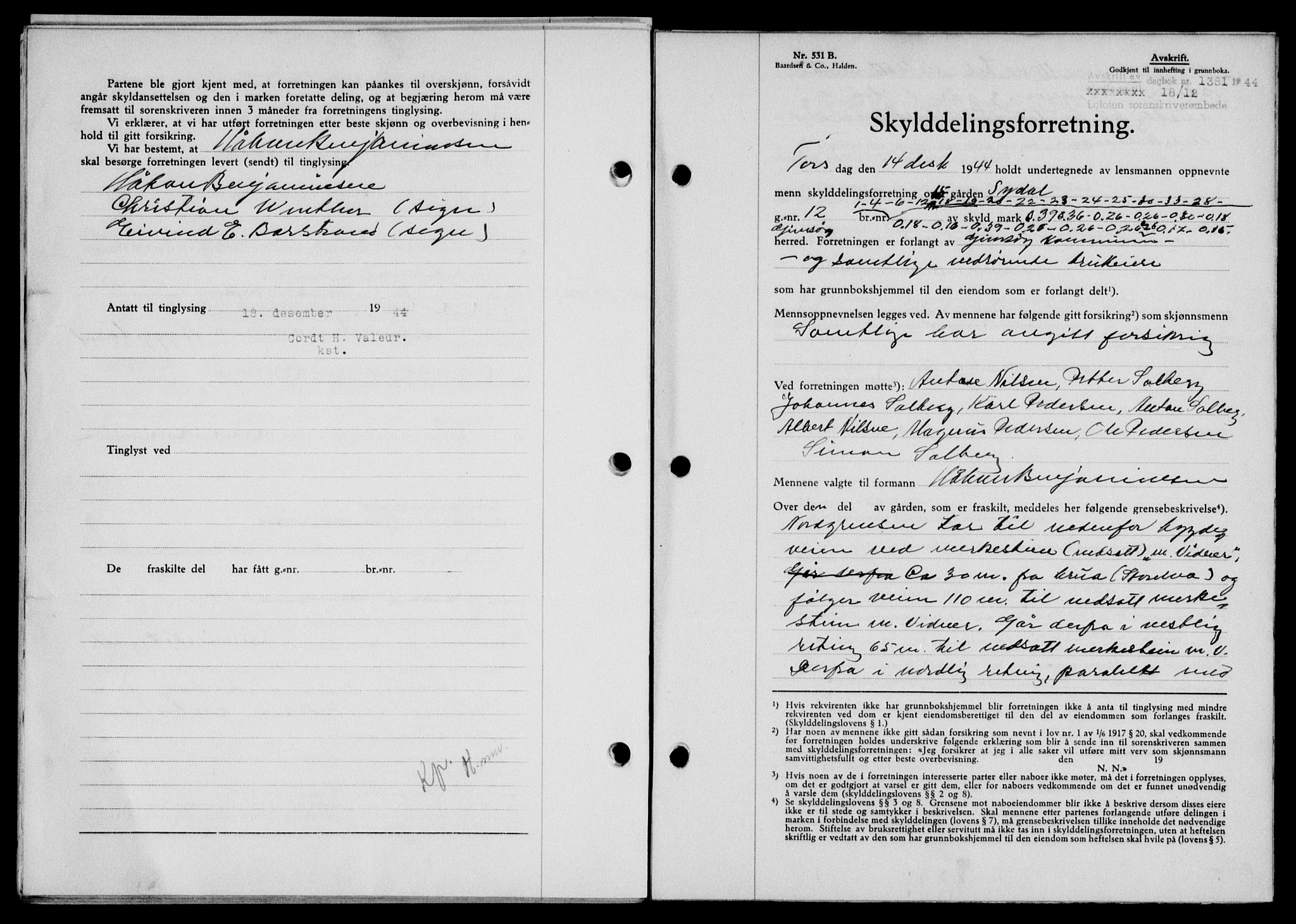 Lofoten sorenskriveri, SAT/A-0017/1/2/2C/L0013a: Mortgage book no. 13a, 1944-1946, Diary no: : 1381/1944