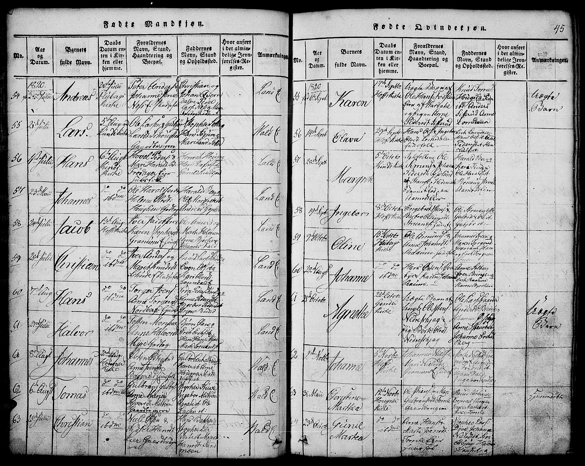 Land prestekontor, SAH/PREST-120/H/Ha/Hab/L0001: Parish register (copy) no. 1, 1814-1833, p. 45