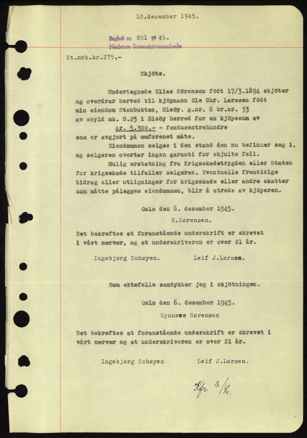 Nedenes sorenskriveri, SAK/1221-0006/G/Gb/Gba/L0053: Mortgage book no. A6b, 1945-1945, Diary no: : 851/1945