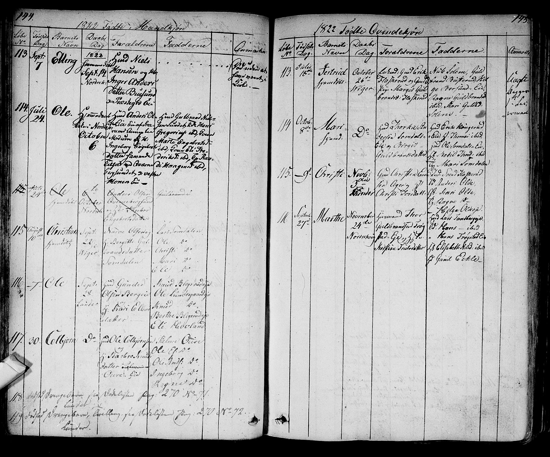 Norderhov kirkebøker, AV/SAKO-A-237/F/Fa/L0009: Parish register (official) no. 9, 1819-1837, p. 144-145