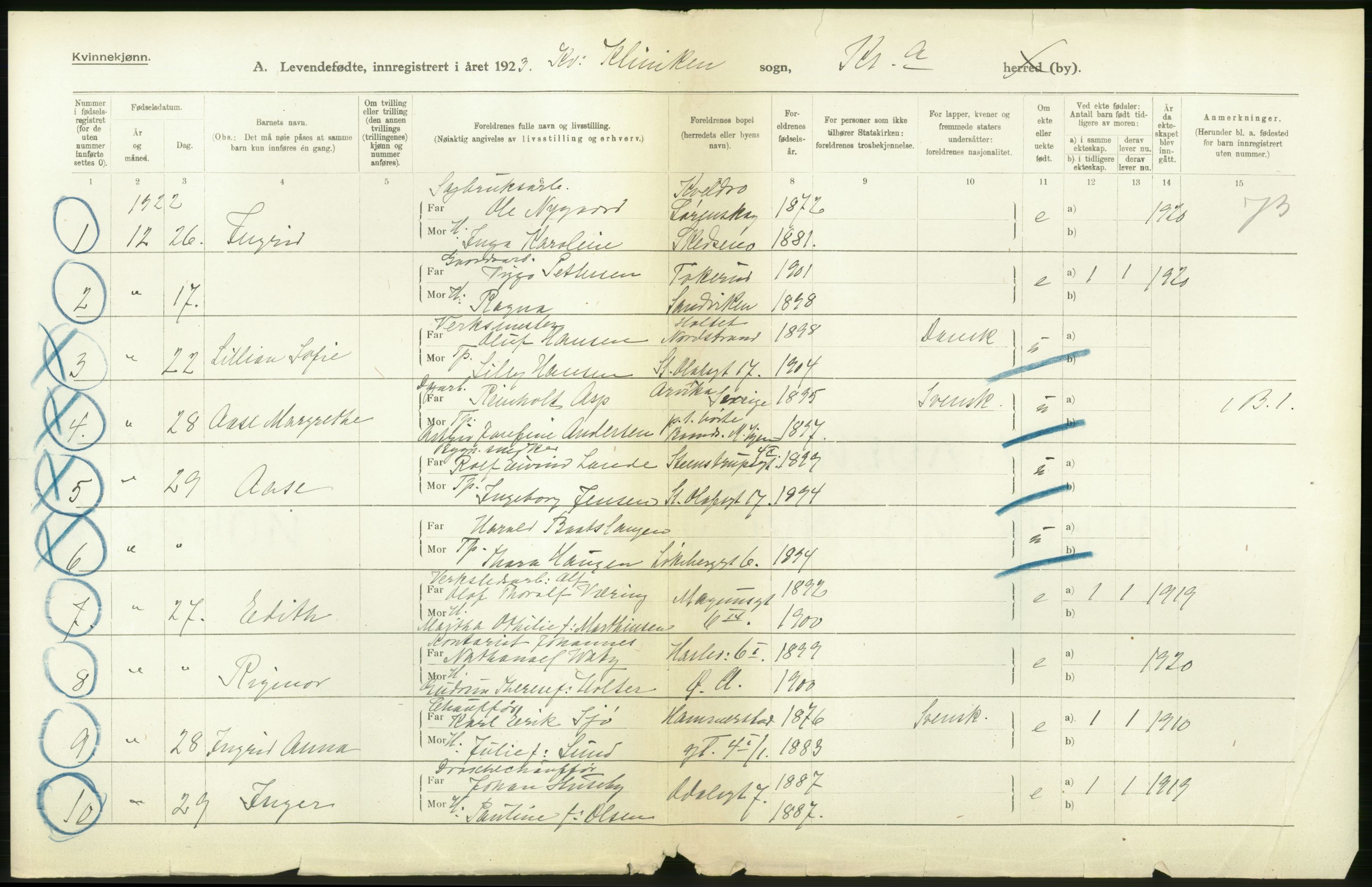 Statistisk sentralbyrå, Sosiodemografiske emner, Befolkning, AV/RA-S-2228/D/Df/Dfc/Dfcc/L0007: Kristiania: Levendefødte menn og kvinner., 1923, p. 150