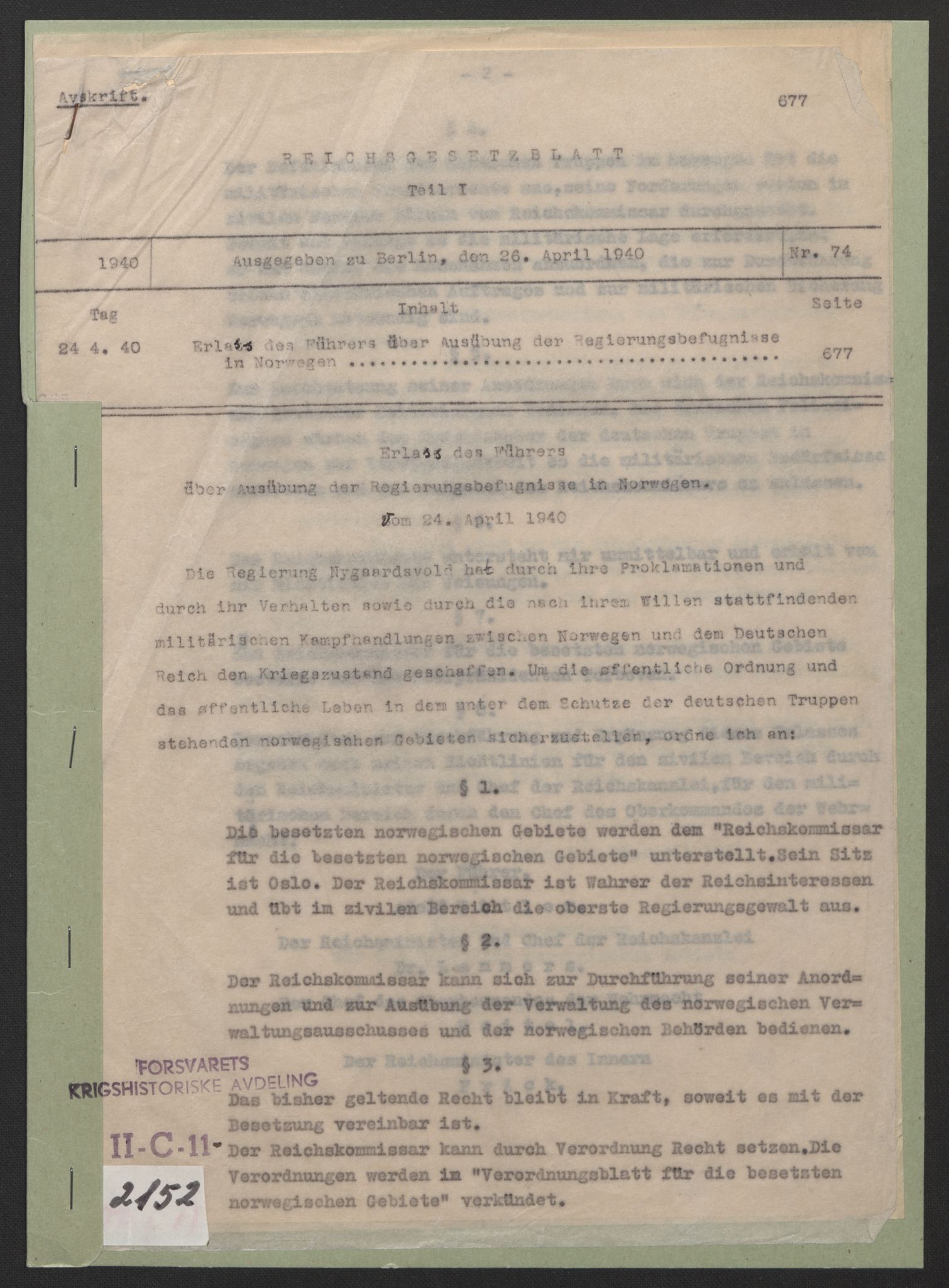 Forsvaret, Forsvarets krigshistoriske avdeling, RA/RAFA-2017/Y/Yg/L0215: II-C-11-2150-2152  -  Weserübung.  Angrepet på Norge., 1940-1945, p. 576