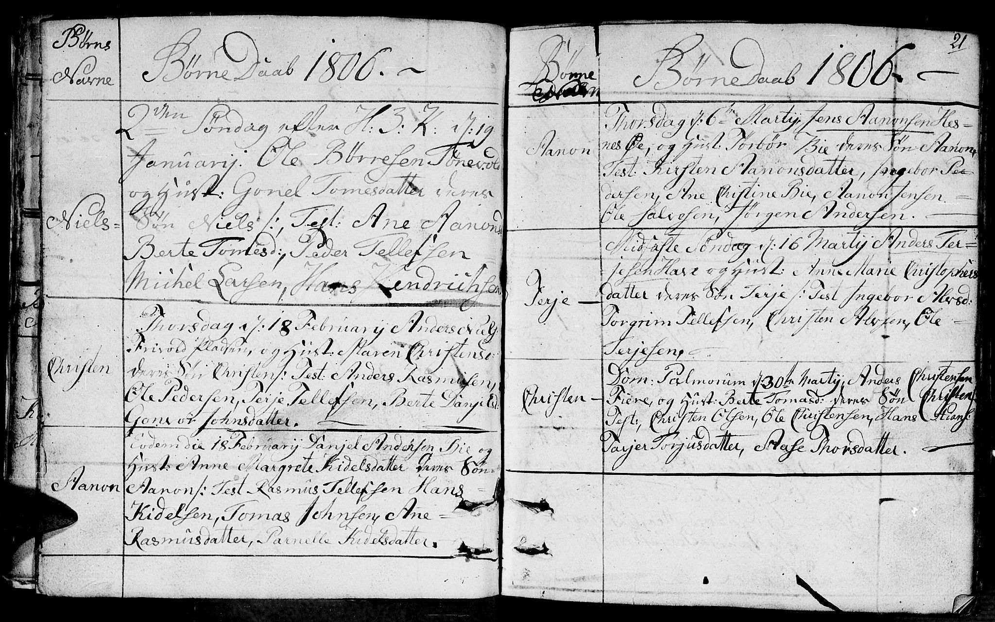 Fjære sokneprestkontor, AV/SAK-1111-0011/F/Fb/L0006: Parish register (copy) no. B 6, 1803-1817, p. 21