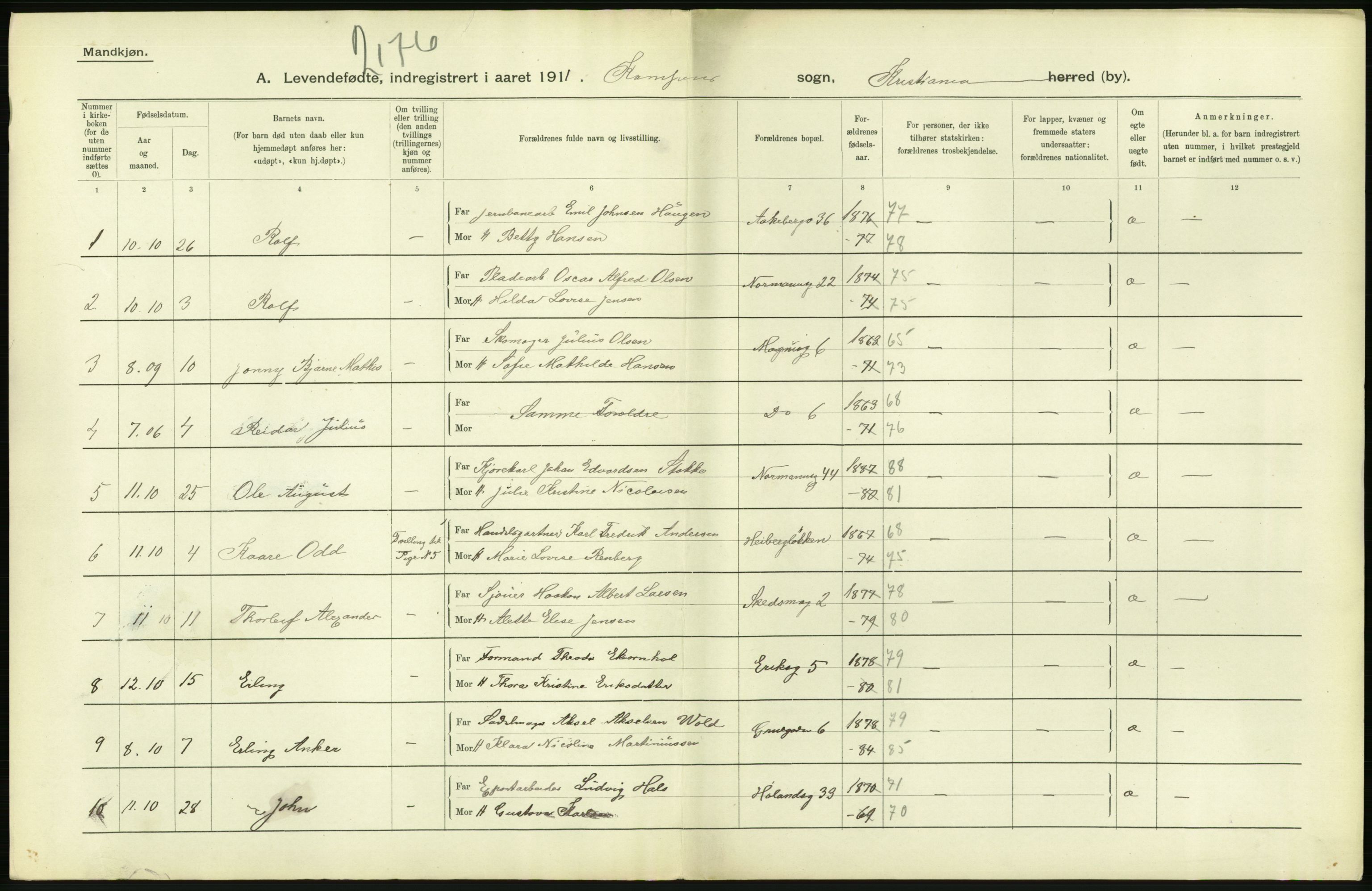 Statistisk sentralbyrå, Sosiodemografiske emner, Befolkning, AV/RA-S-2228/D/Df/Dfb/Dfba/L0006: Kristiania: Levendefødte menn., 1911, p. 332