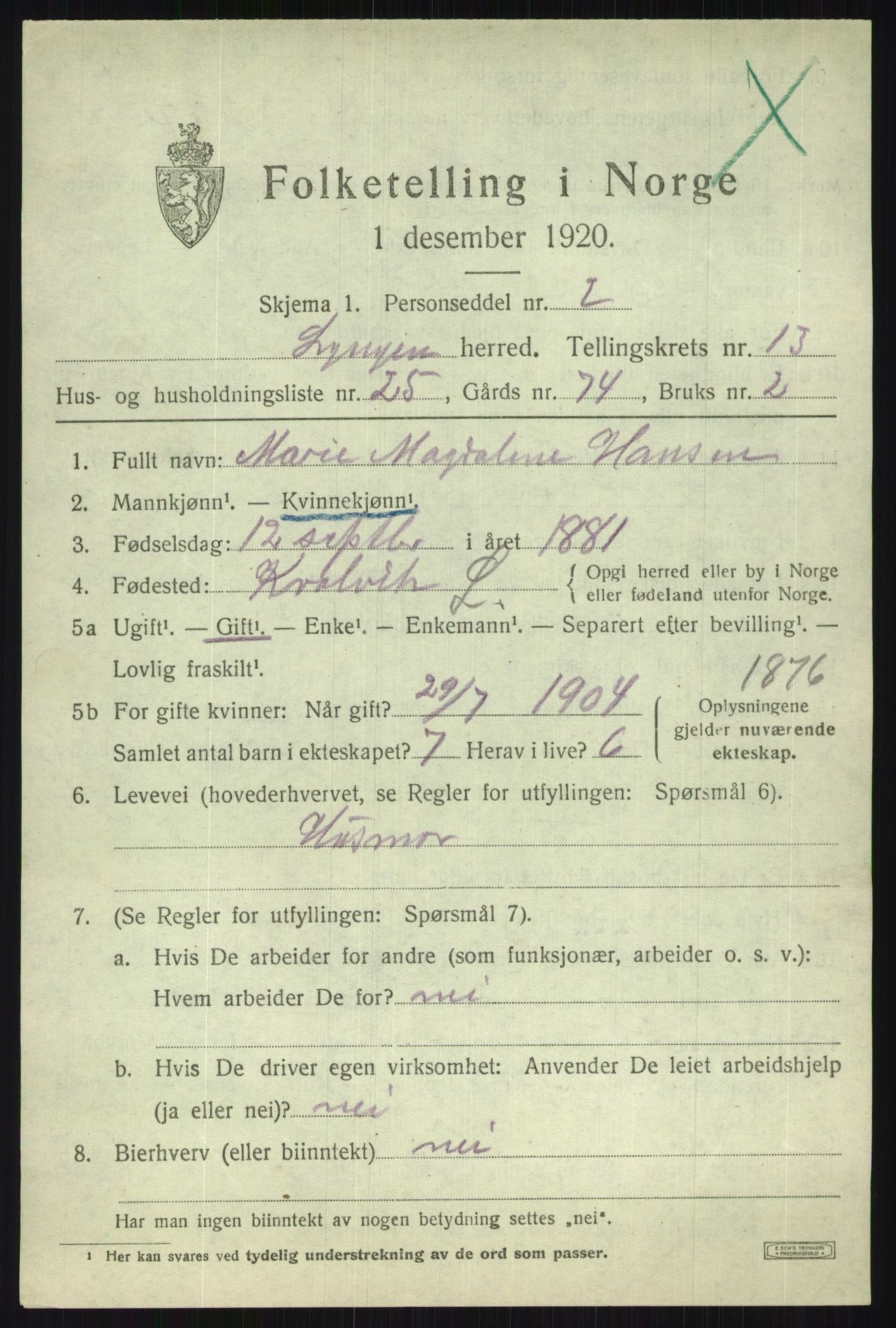 SATØ, 1920 census for Lyngen, 1920, p. 10387
