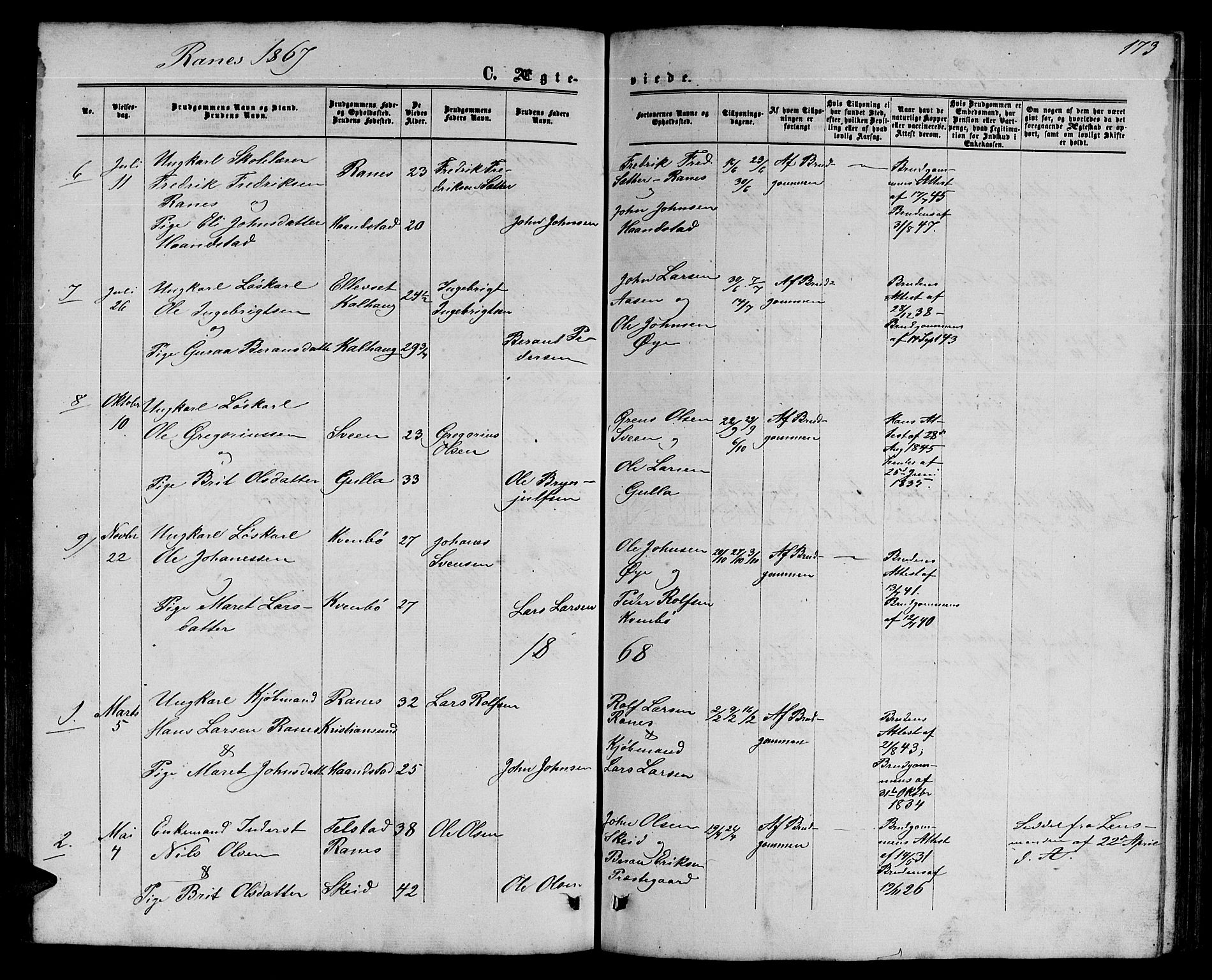 Ministerialprotokoller, klokkerbøker og fødselsregistre - Møre og Romsdal, SAT/A-1454/595/L1051: Parish register (copy) no. 595C03, 1866-1891, p. 173