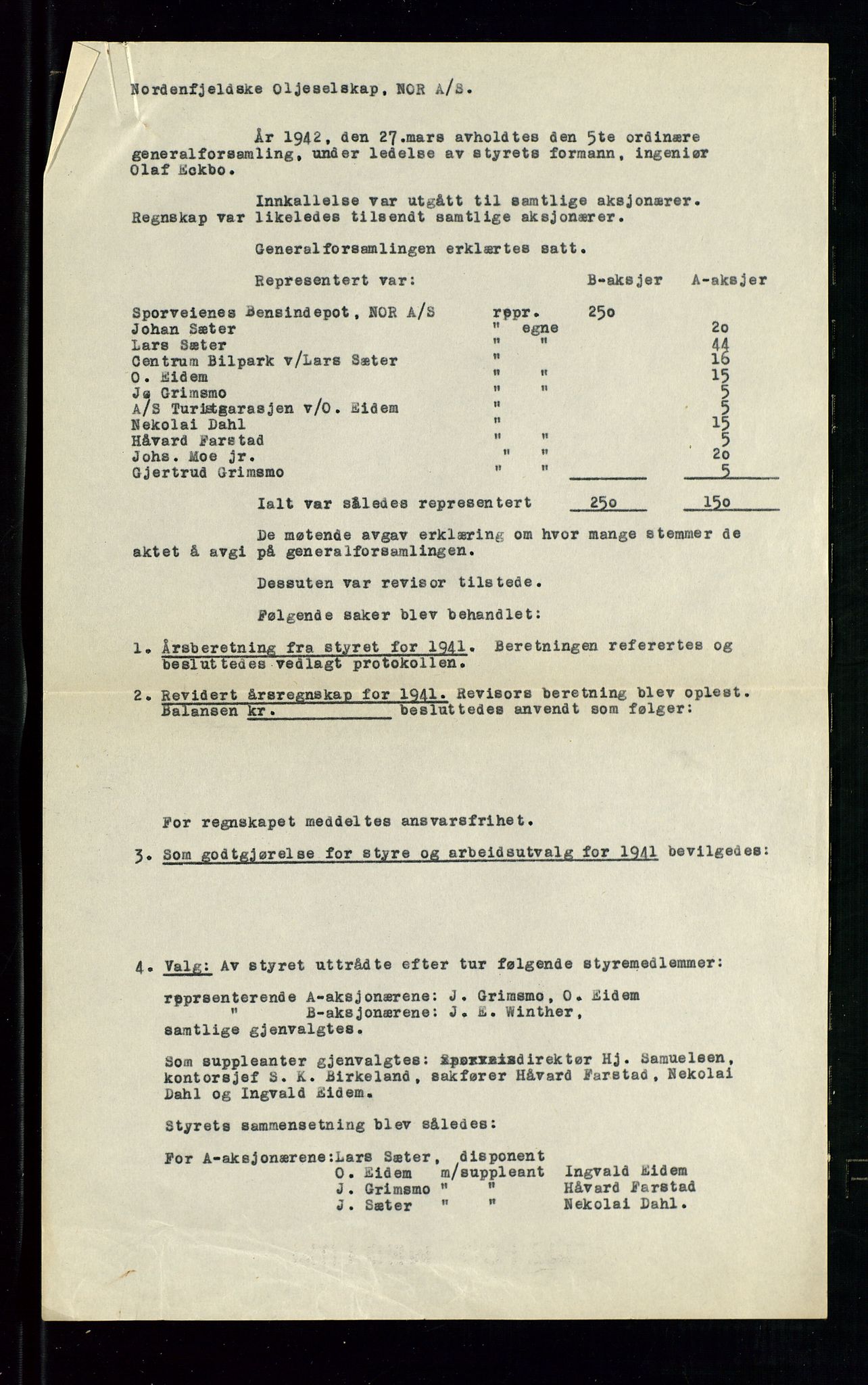 PA 1519 - Nordenfjeldske Oljeselskap, NOR A/S, AV/SAST-A-101924/A/L0001: Styreprotokoll, 1937-1962, p. 42