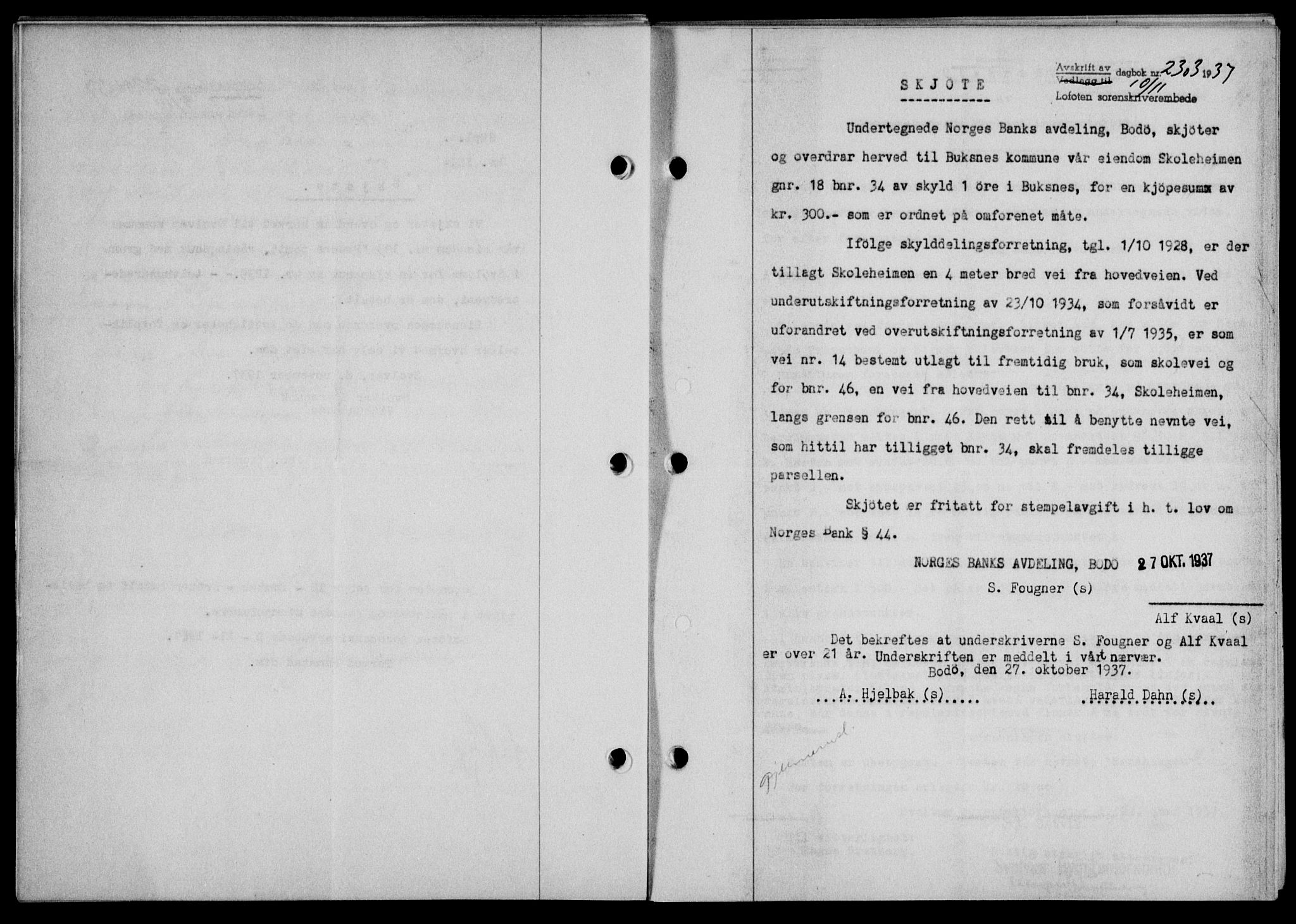Lofoten sorenskriveri, SAT/A-0017/1/2/2C/L0003a: Mortgage book no. 3a, 1937-1938, Diary no: : 2303/1937
