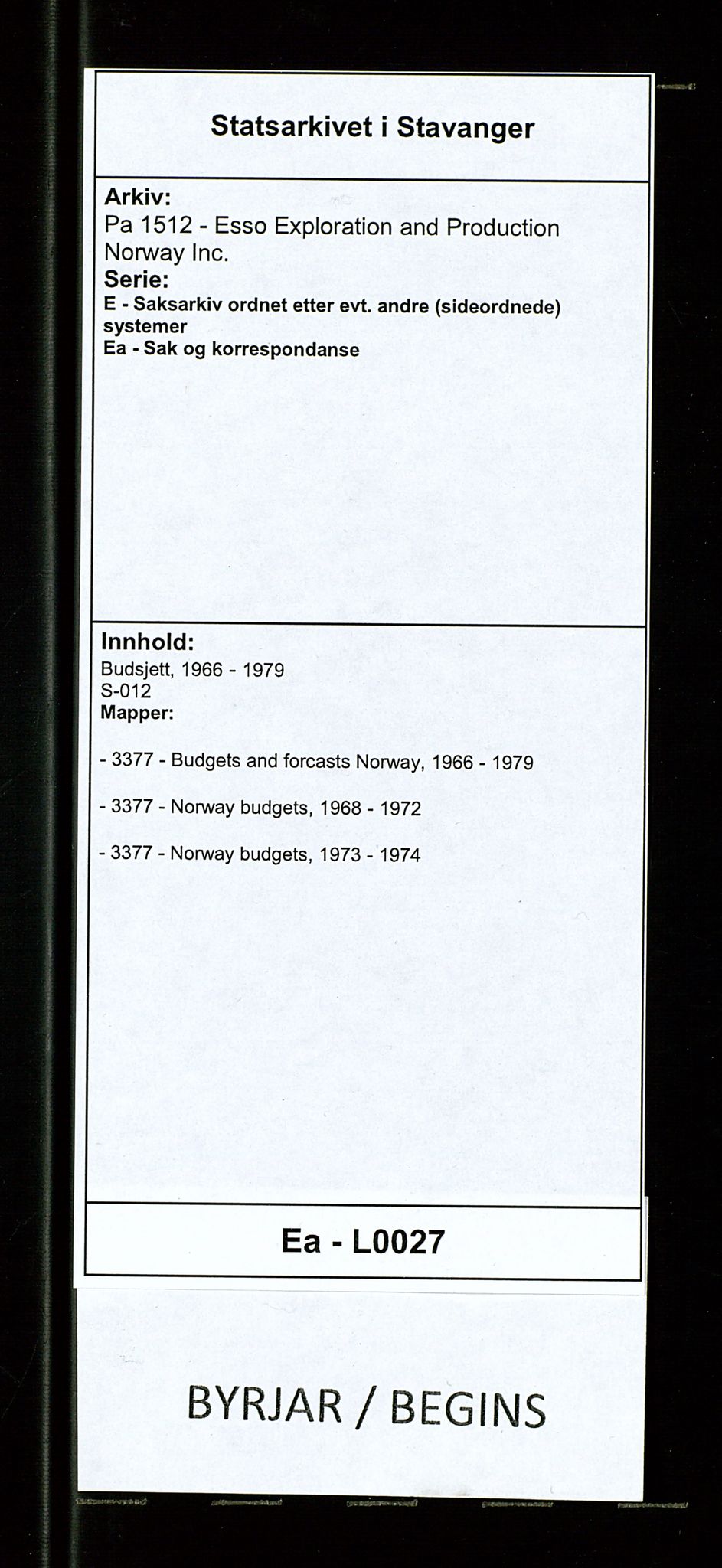 Pa 1512 - Esso Exploration and Production Norway Inc., AV/SAST-A-101917/E/Ea/L0027: Budsjett, 1966-1979, p. 1