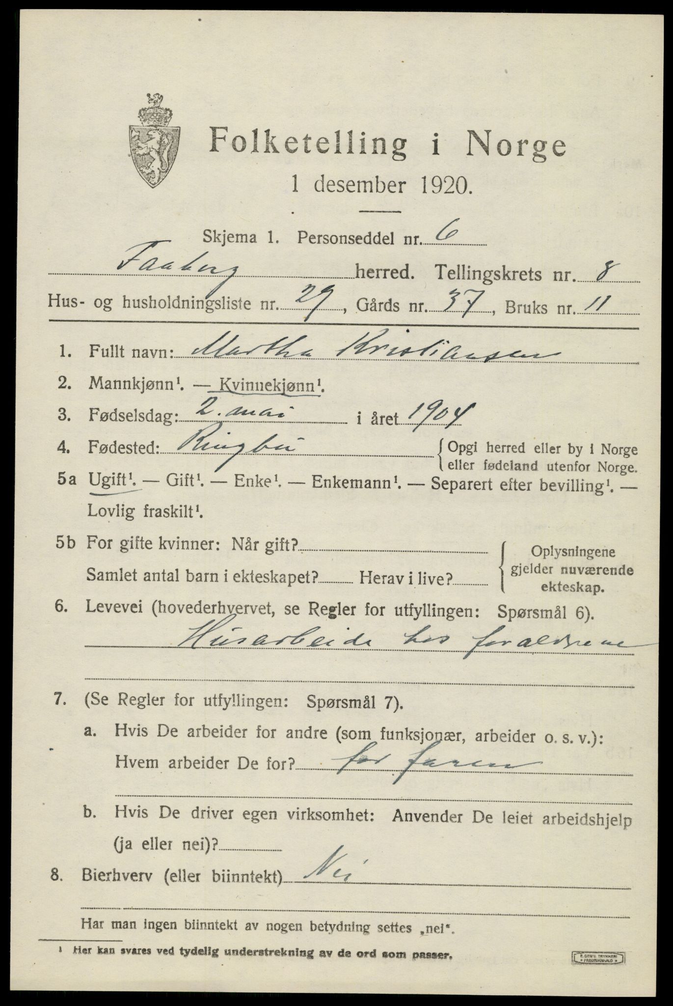 SAH, 1920 census for Fåberg, 1920, p. 9534