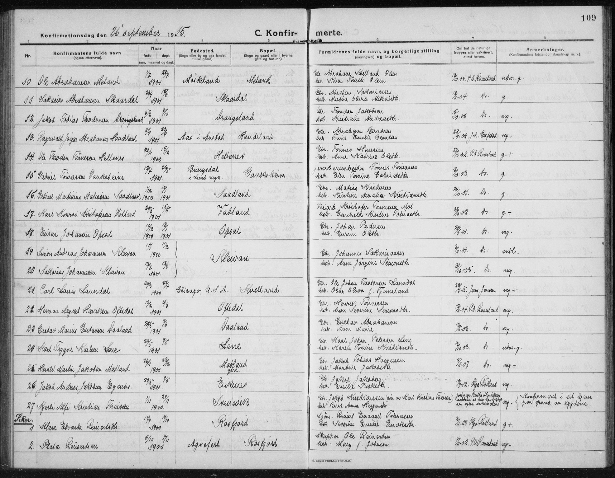 Lyngdal sokneprestkontor, AV/SAK-1111-0029/F/Fb/Fbc/L0006: Parish register (copy) no. B 6, 1914-1934, p. 109