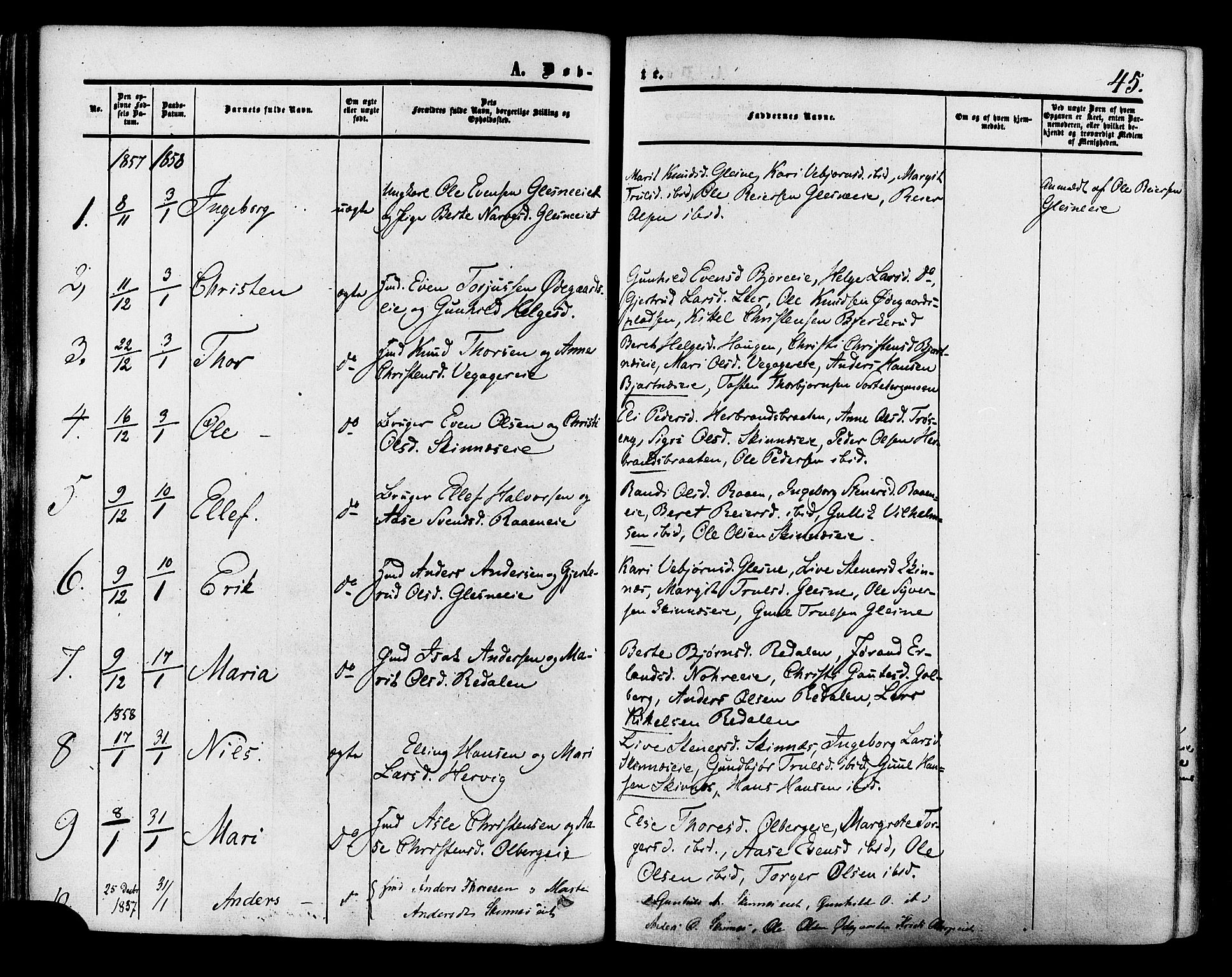 Krødsherad kirkebøker, SAKO/A-19/F/Fa/L0003: Parish register (official) no. 3, 1851-1872, p. 45