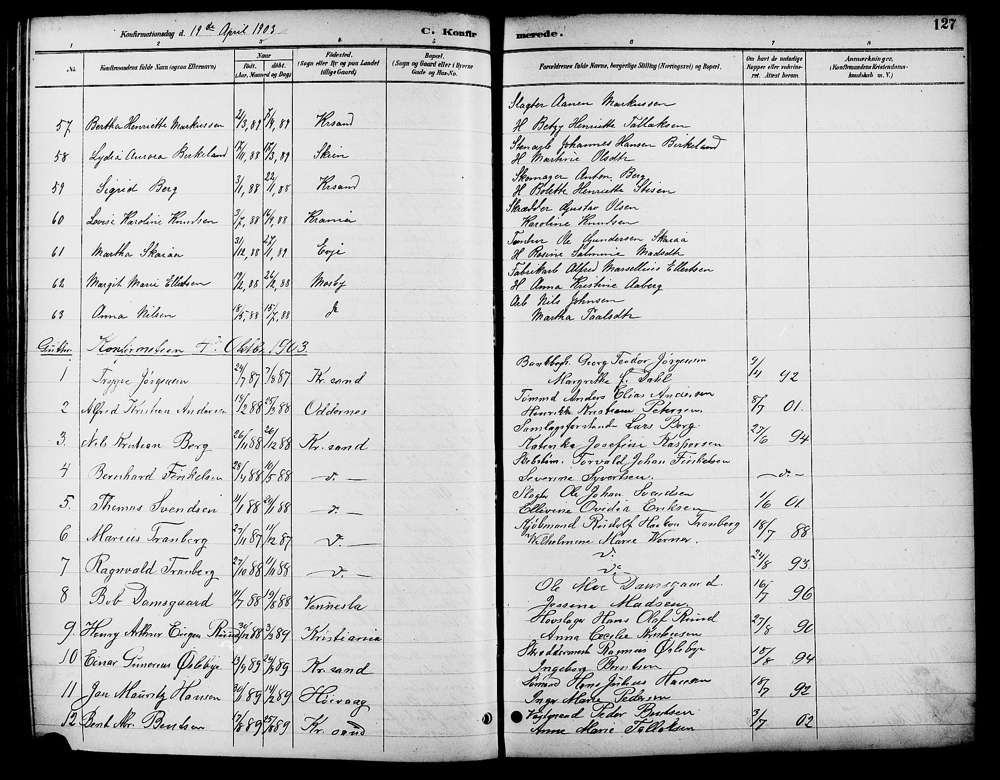 Kristiansand domprosti, SAK/1112-0006/F/Fb/L0017: Parish register (copy) no. B 17, 1893-1906, p. 127