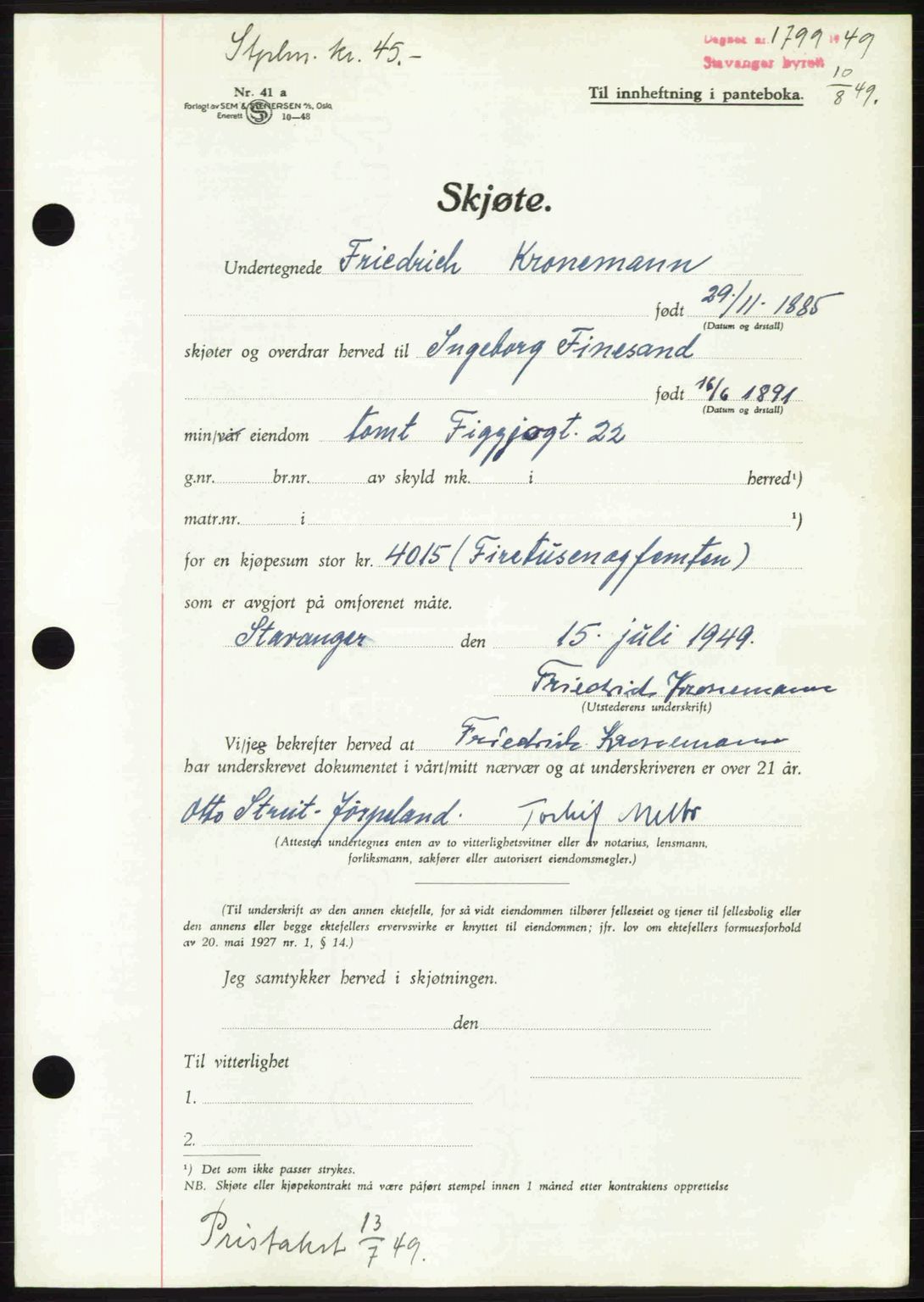 Stavanger byrett, SAST/A-100455/002/G/Gb/L0023: Mortgage book no. A12, 1948-1949, Diary no: : 1799/1949