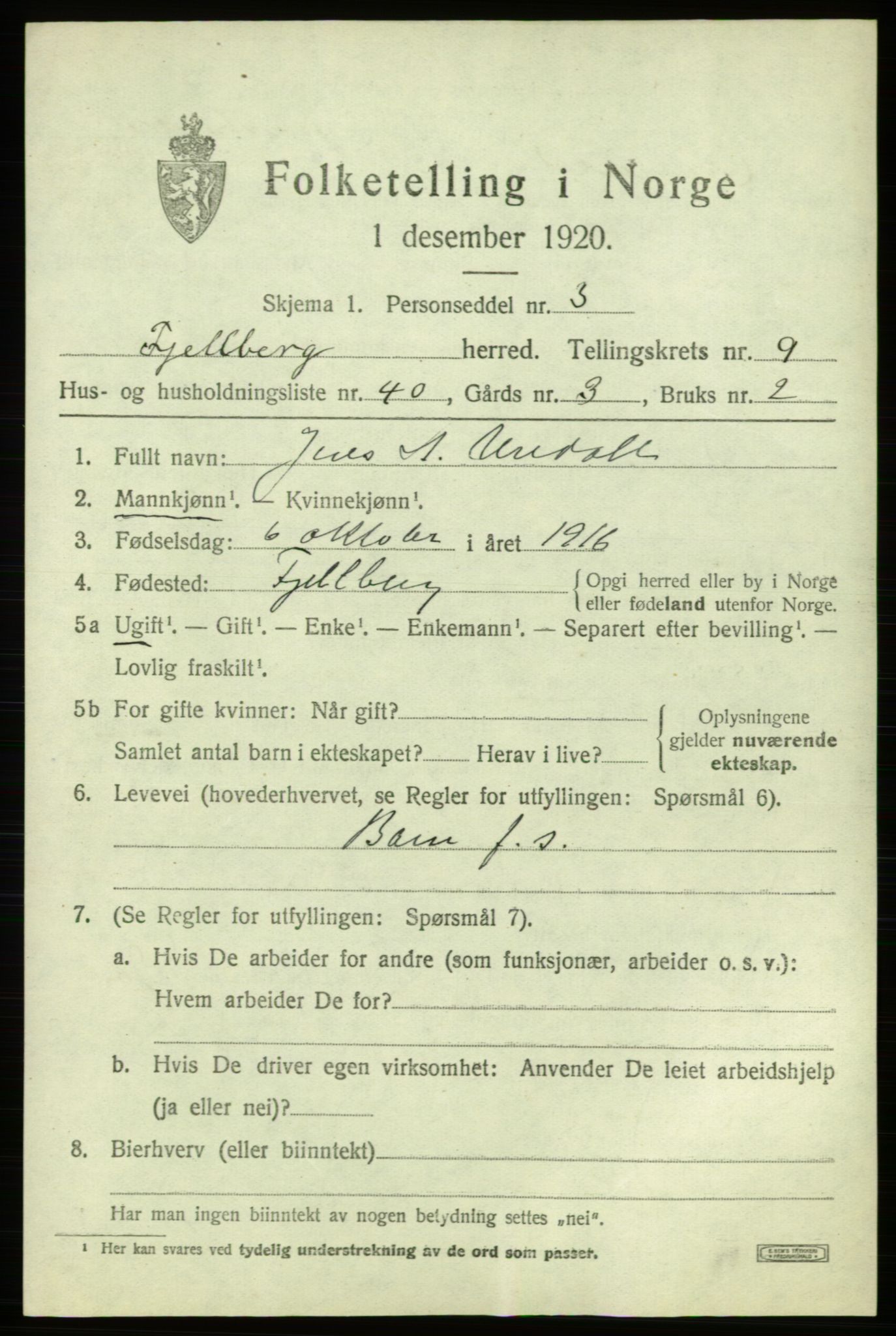 SAB, 1920 census for Fjelberg, 1920, p. 4425