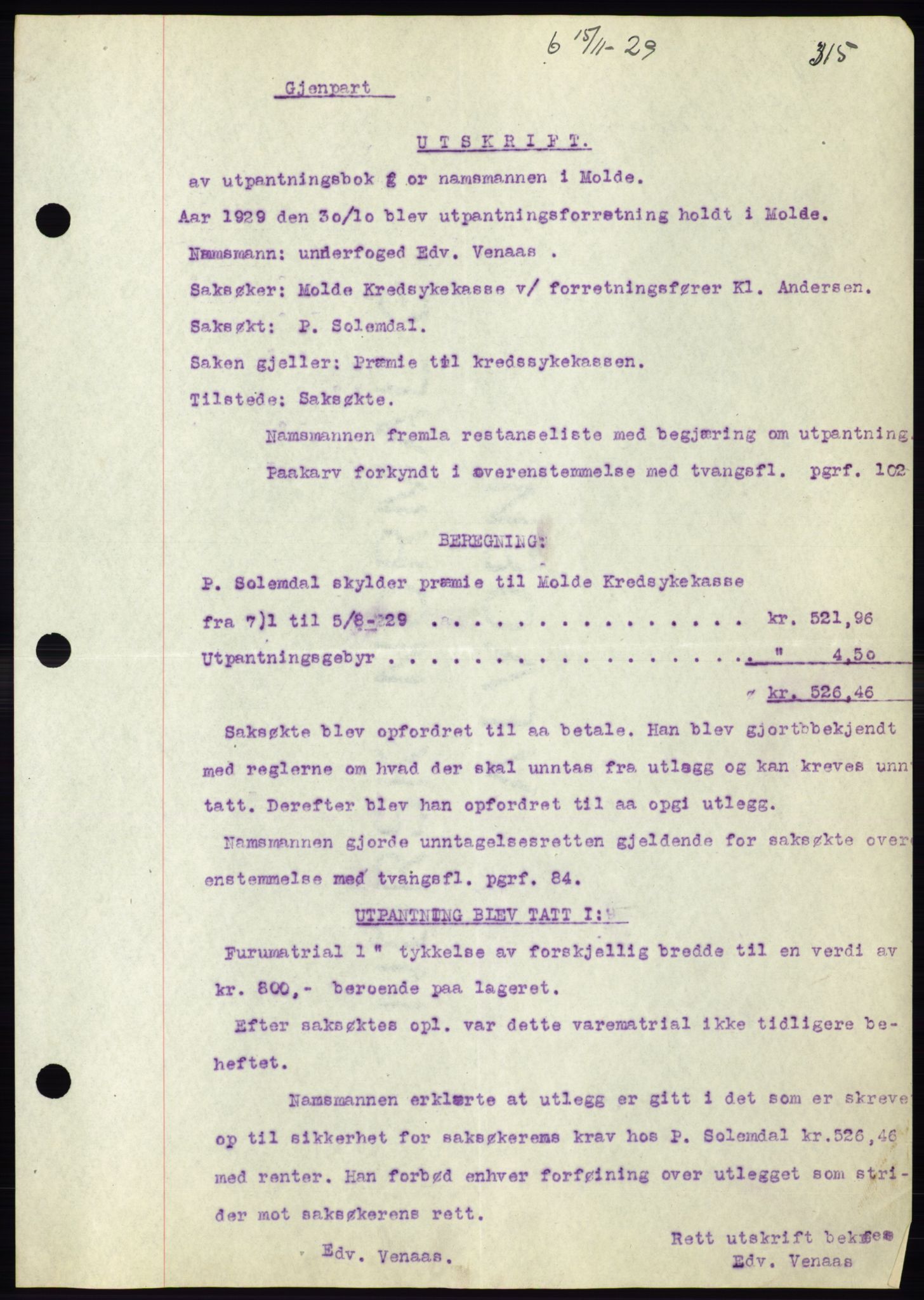 Molde byfogd, AV/SAT-A-0025/2/2C/L0011: Mortgage book no. 11, 1926-1932, Deed date: 15.11.1929