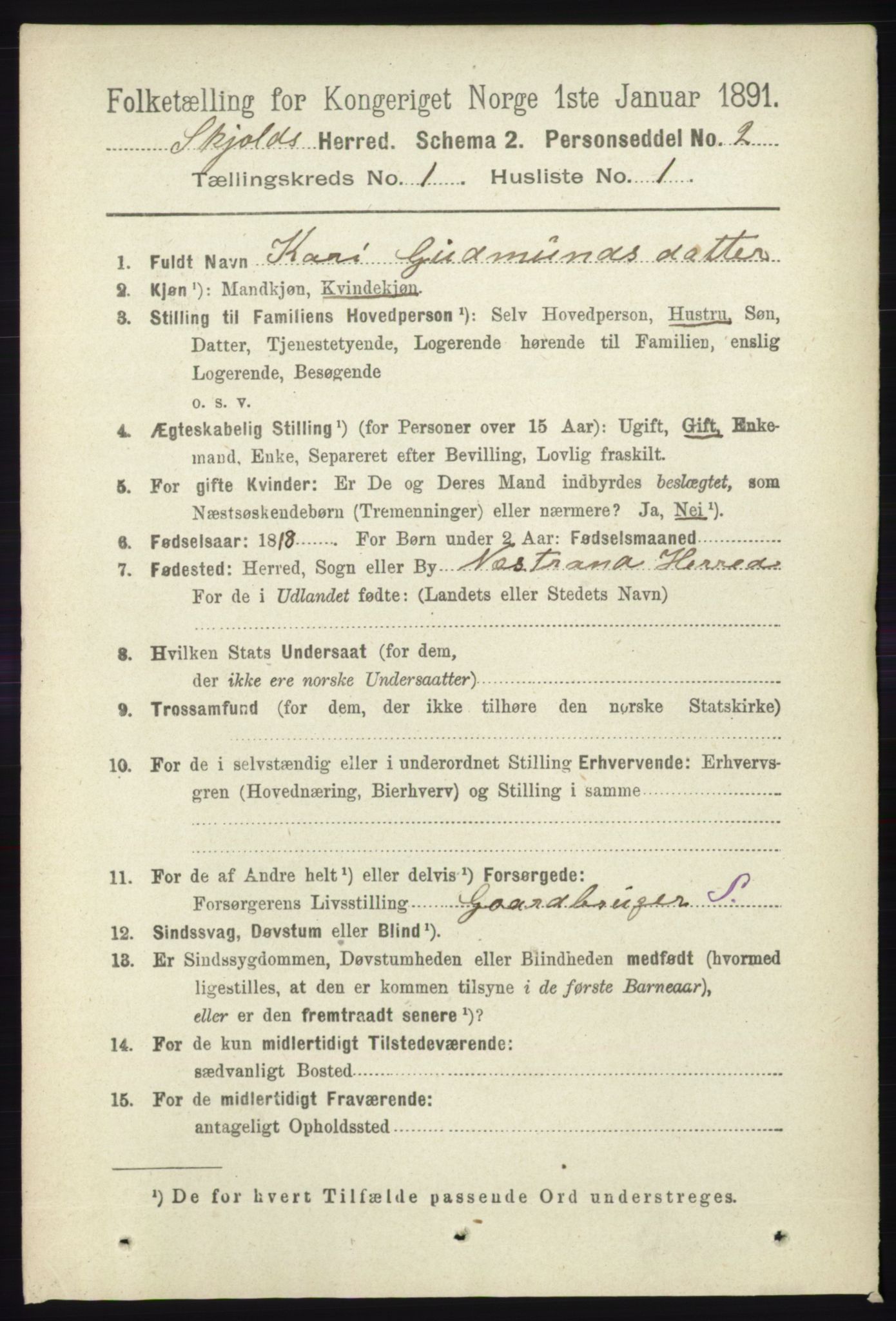 RA, 1891 census for 1154 Skjold, 1891, p. 74