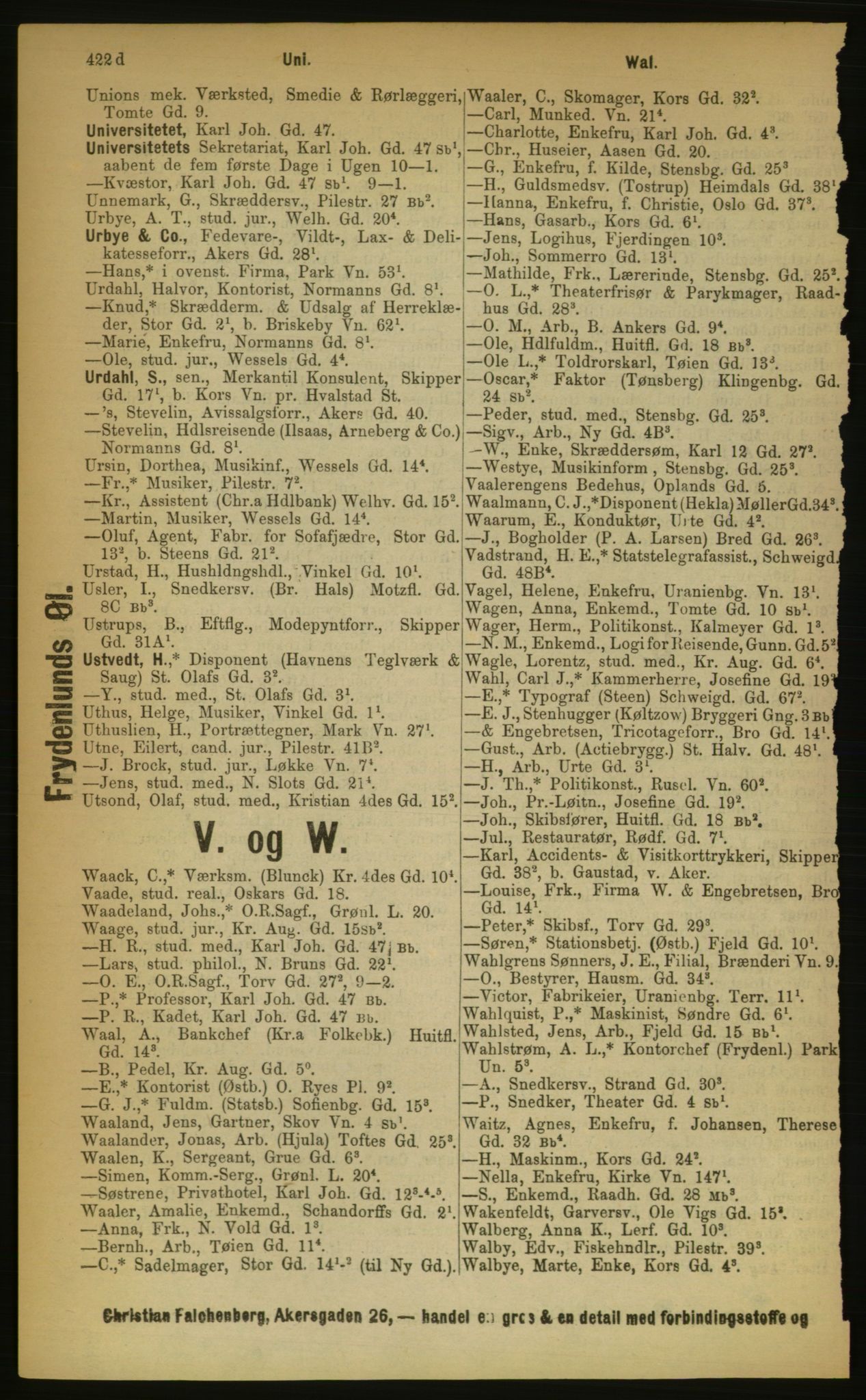 Kristiania/Oslo adressebok, PUBL/-, 1889, p. 422d
