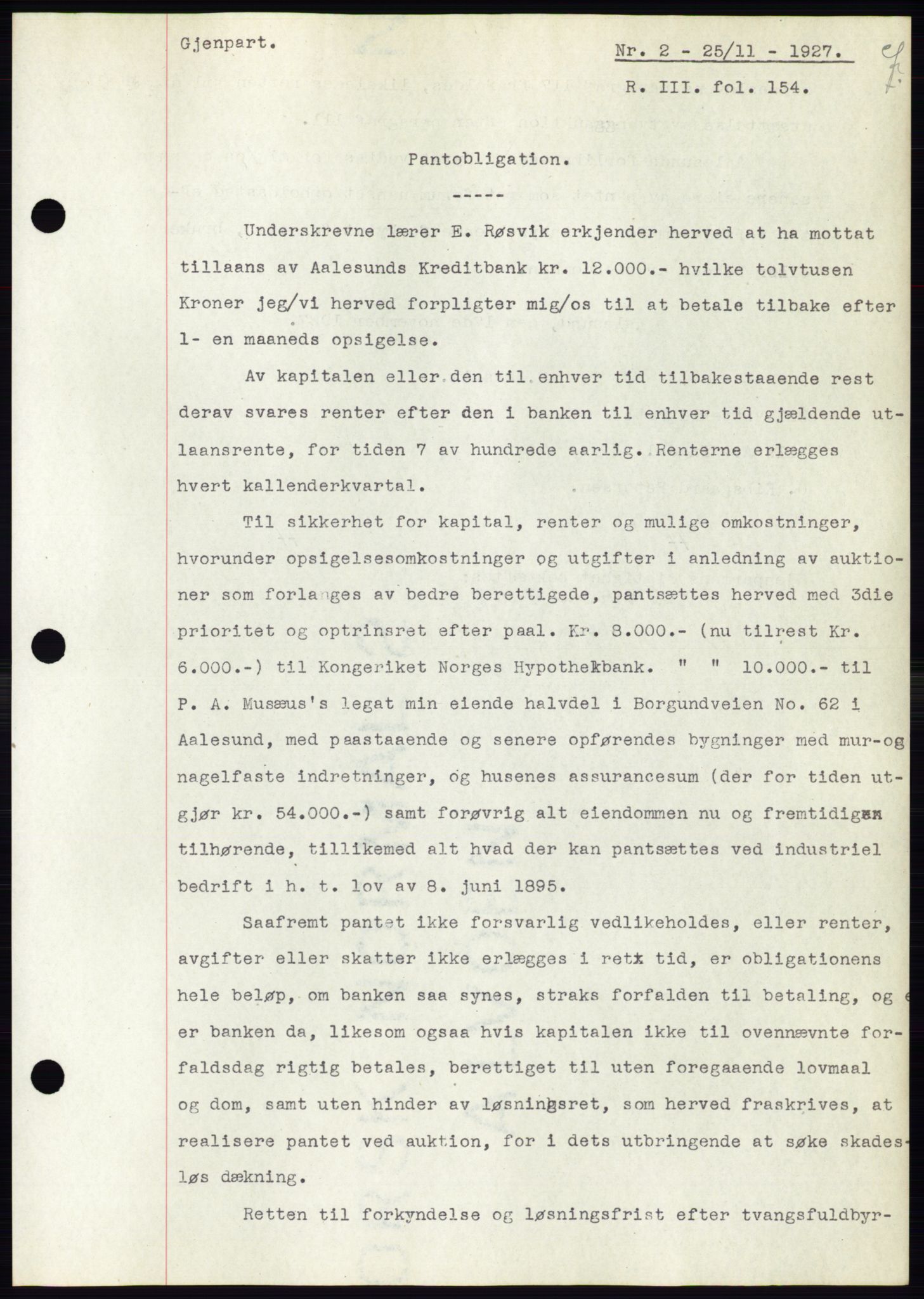 Ålesund byfogd, AV/SAT-A-4384: Mortgage book no. 22, 1927-1927, Deed date: 25.11.1927