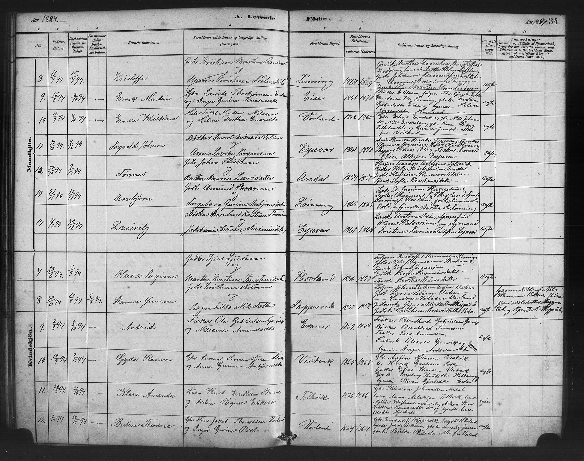 Finnås sokneprestembete, AV/SAB-A-99925/H/Ha/Haa/Haad/L0001: Parish register (official) no. D 1, 1880-1894, p. 34