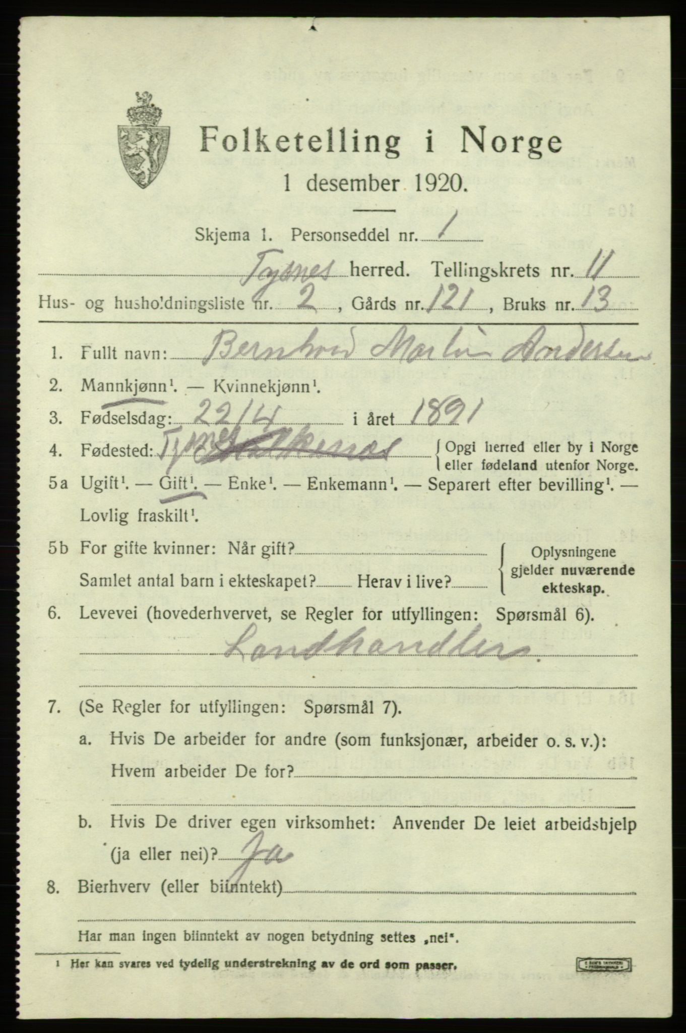 SAB, 1920 census for Tysnes, 1920, p. 7496