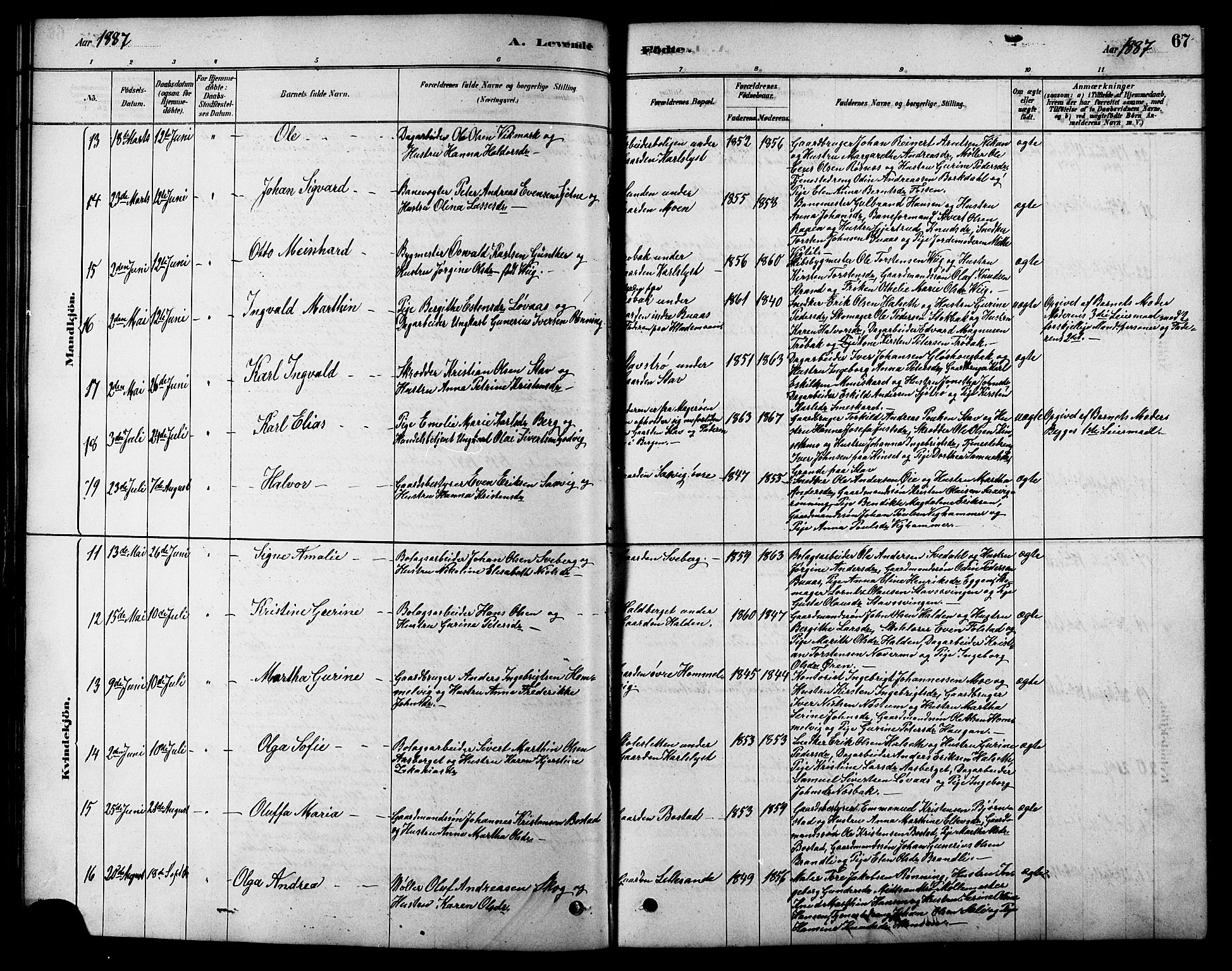 Ministerialprotokoller, klokkerbøker og fødselsregistre - Sør-Trøndelag, AV/SAT-A-1456/616/L0423: Parish register (copy) no. 616C06, 1878-1903, p. 67